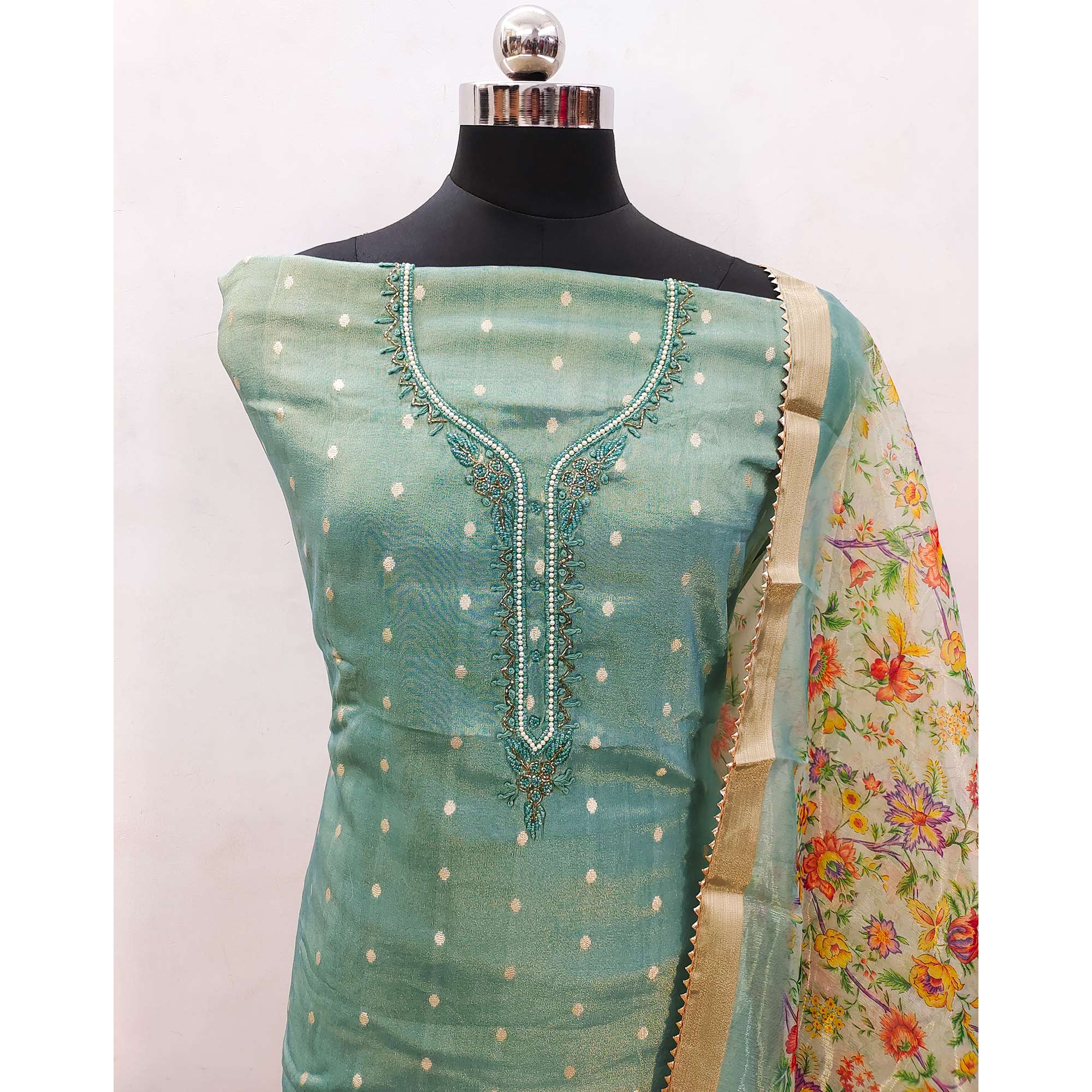 Sea Green Zari Work Woven Net Dress Material