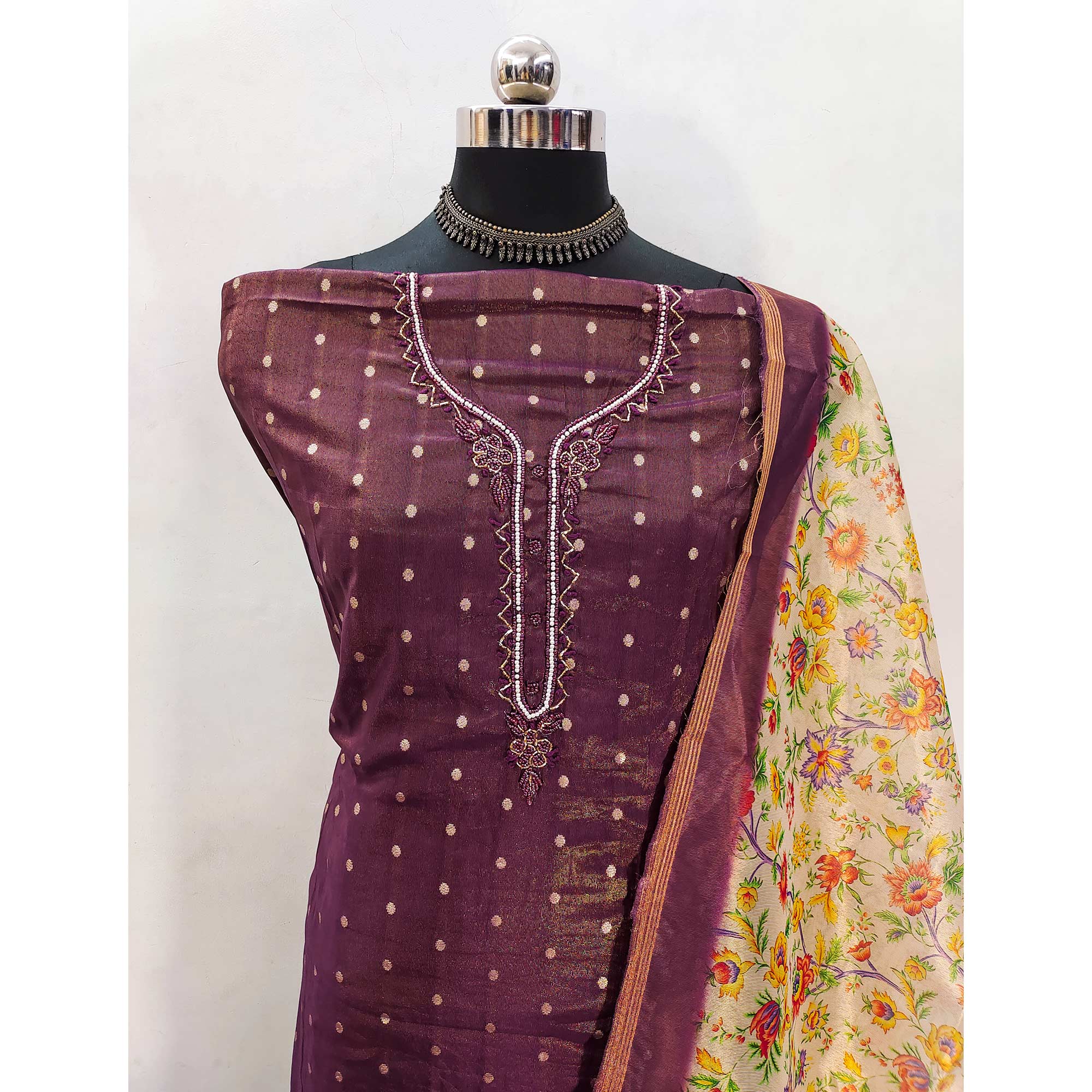 Wine Zari Work Woven Net Dress Material