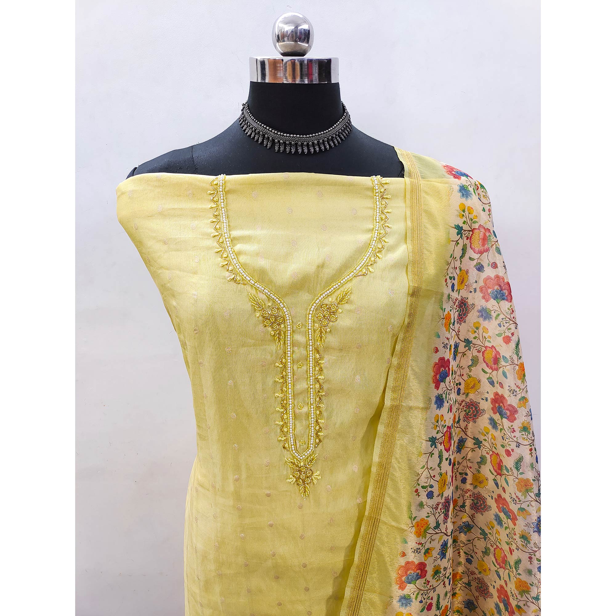 Yellow Zari Work Woven Net Dress Material