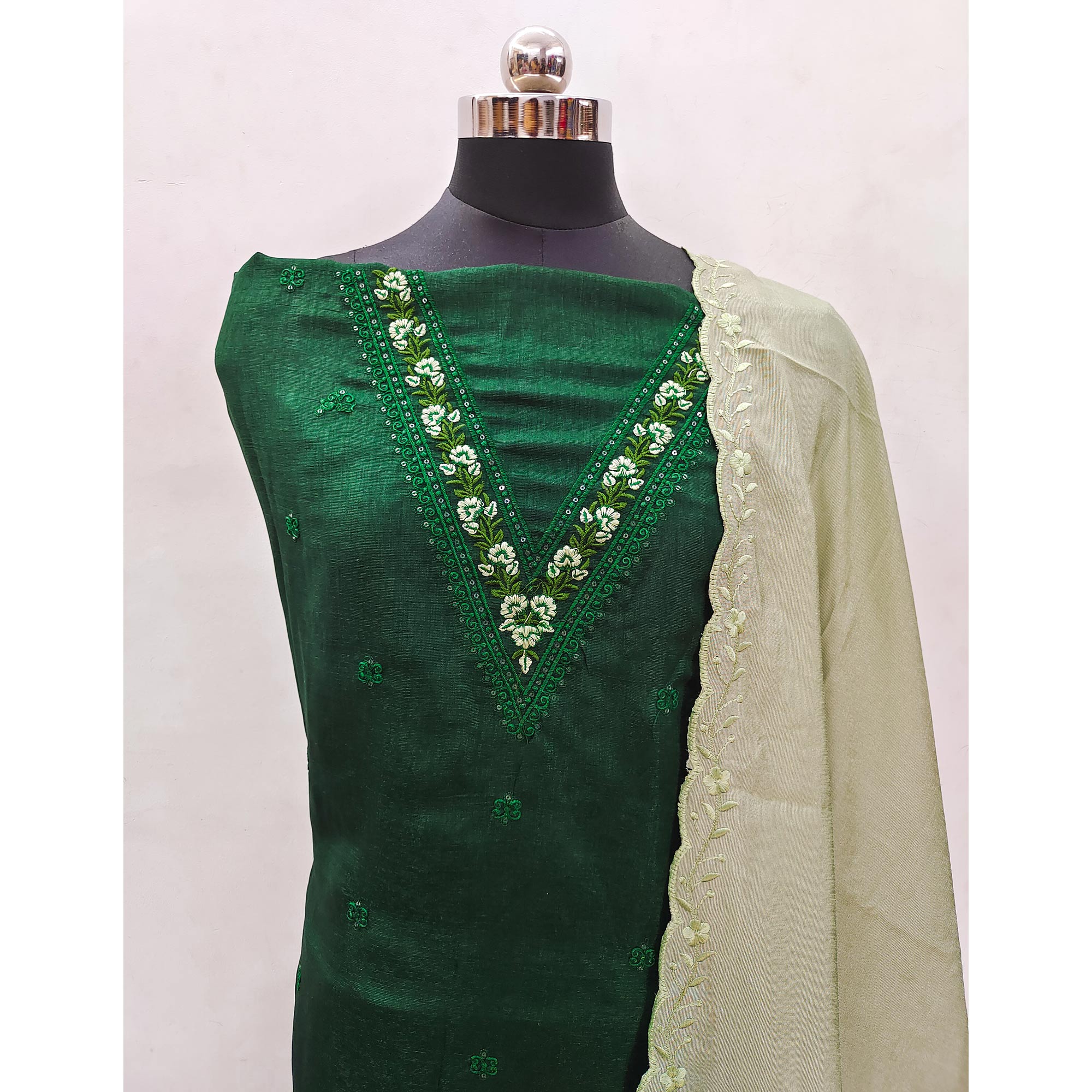 Green Floral Embroidered Vichitra Silk Dress Material