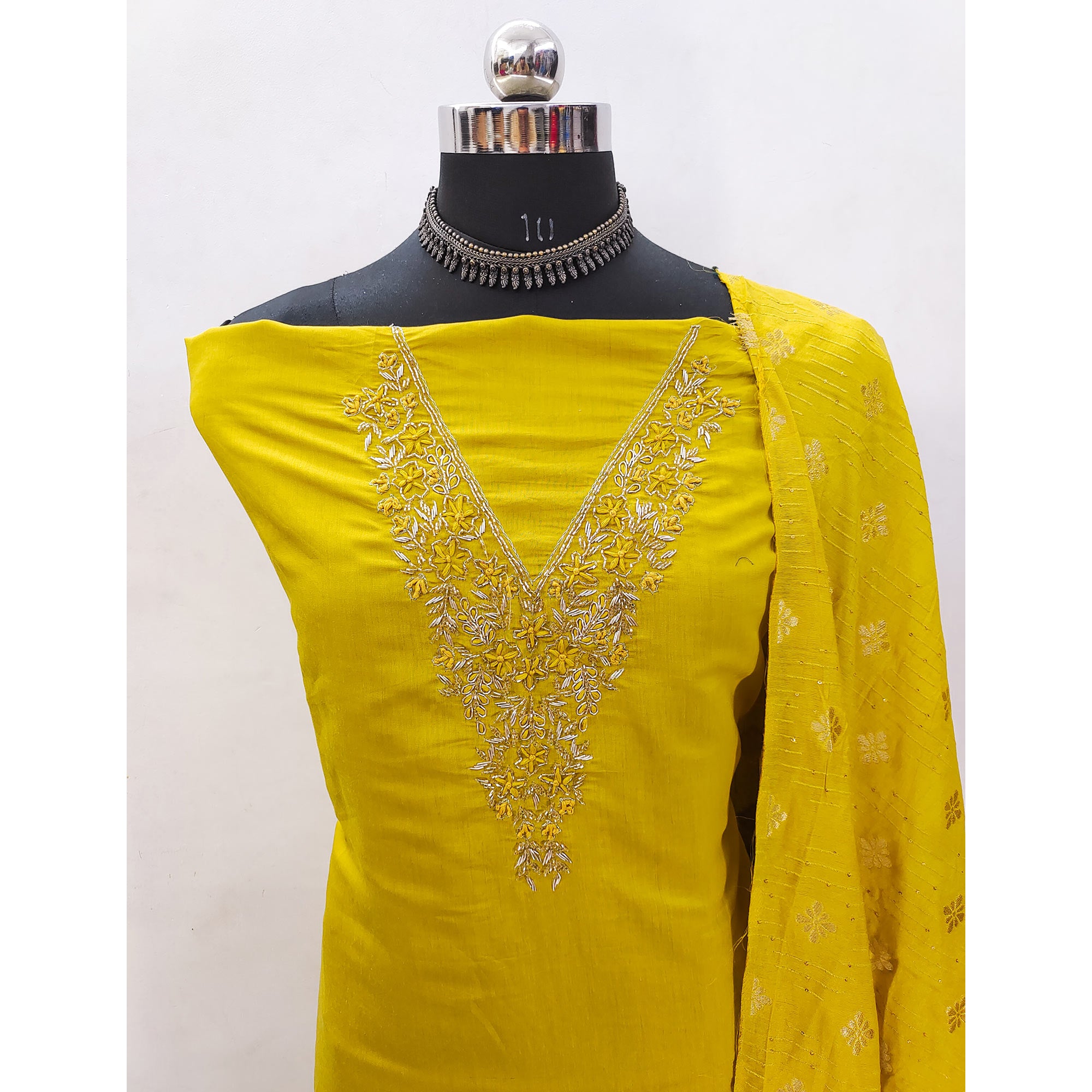 Mustard Beads Embroidered Viscose Dress Material