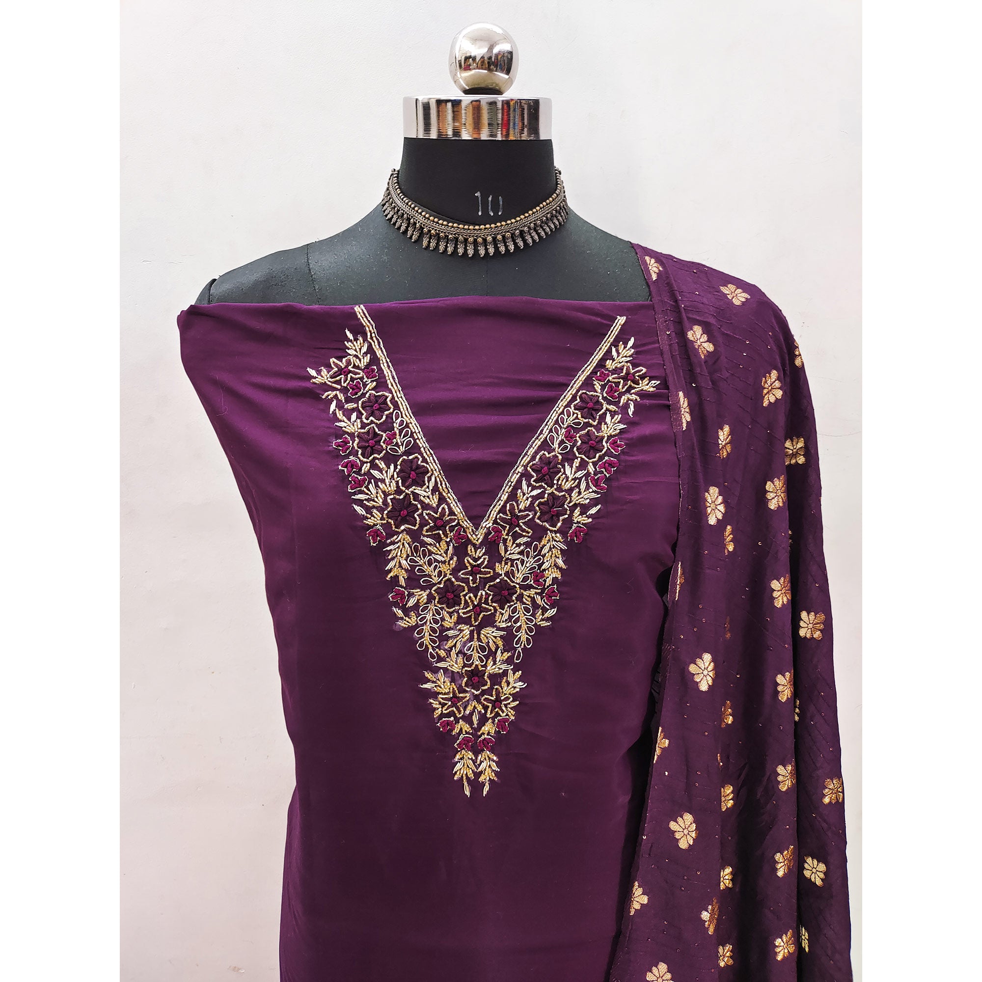 Purple Beads Embroidered Viscose Dress Material