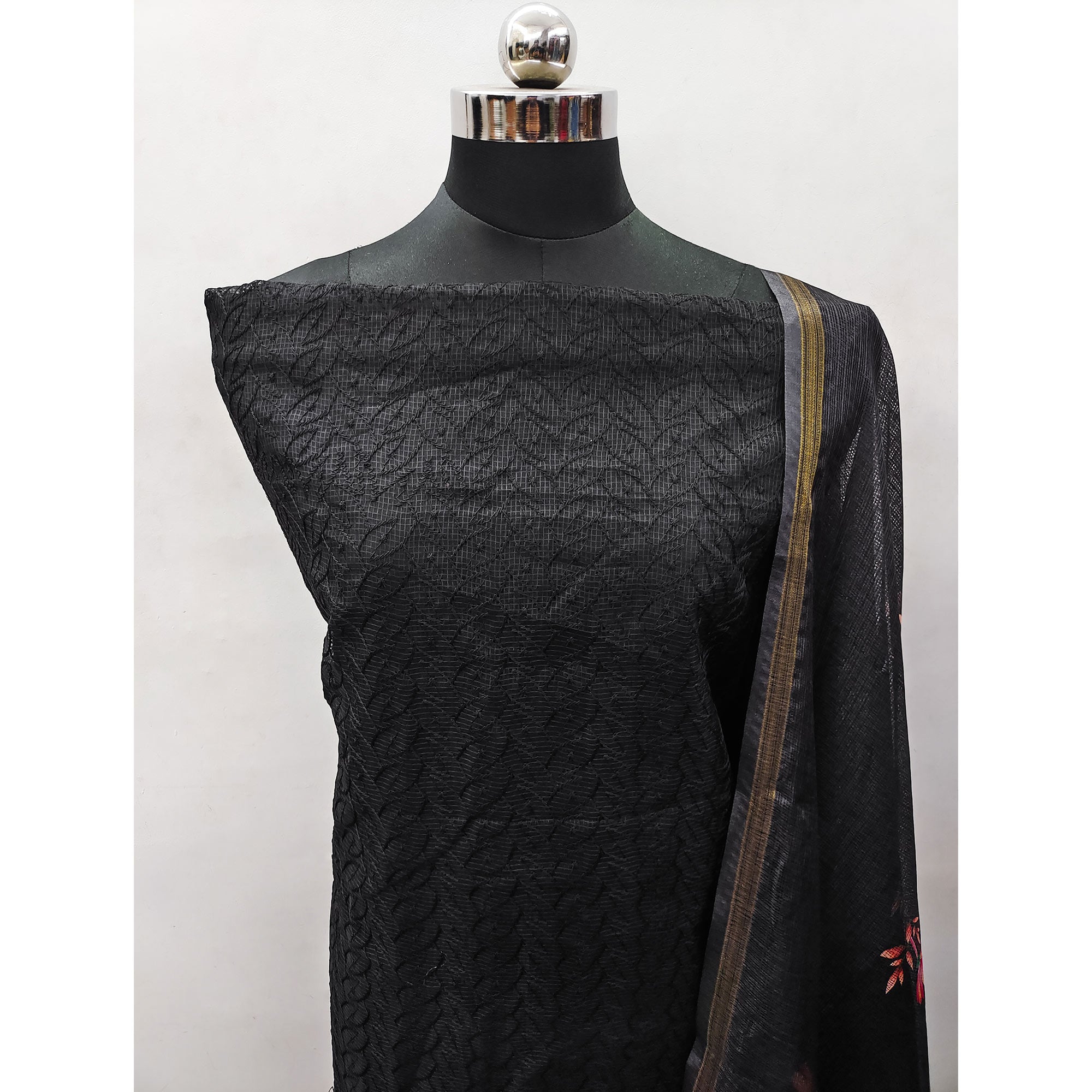 Black Embroidered Kota Doria Dress Material