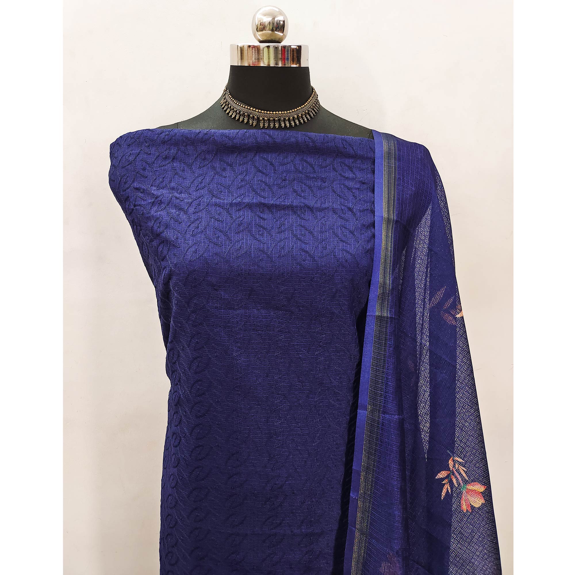 Blue Embroidered Kota Doria Dress Material