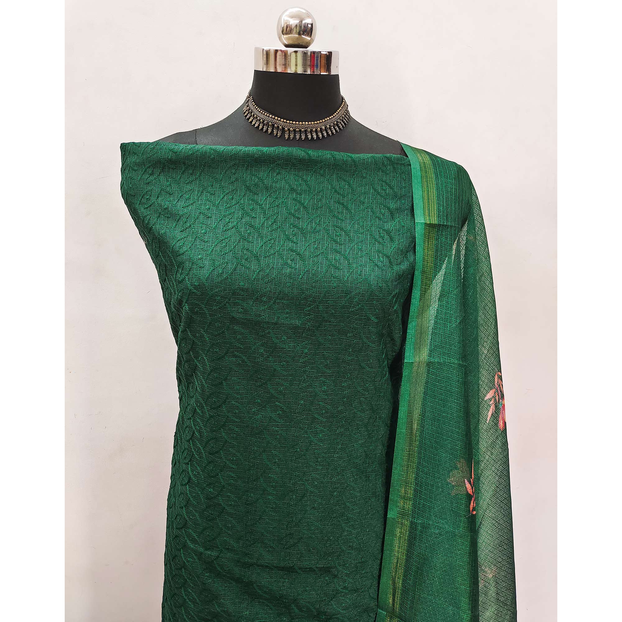 Green Embroidered Kota Doria Dress Material