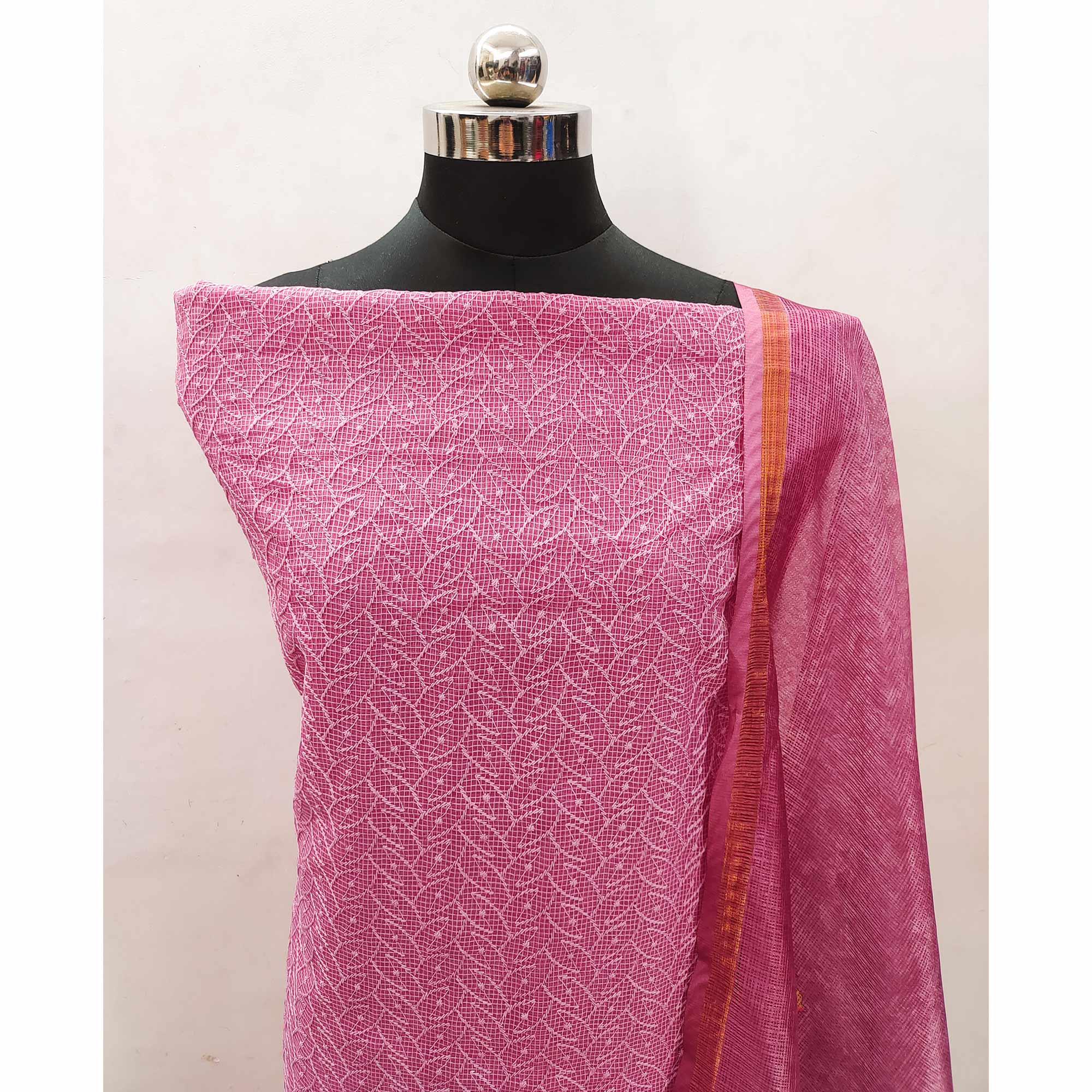 Pink Embroidered Kota Doria Dress Material