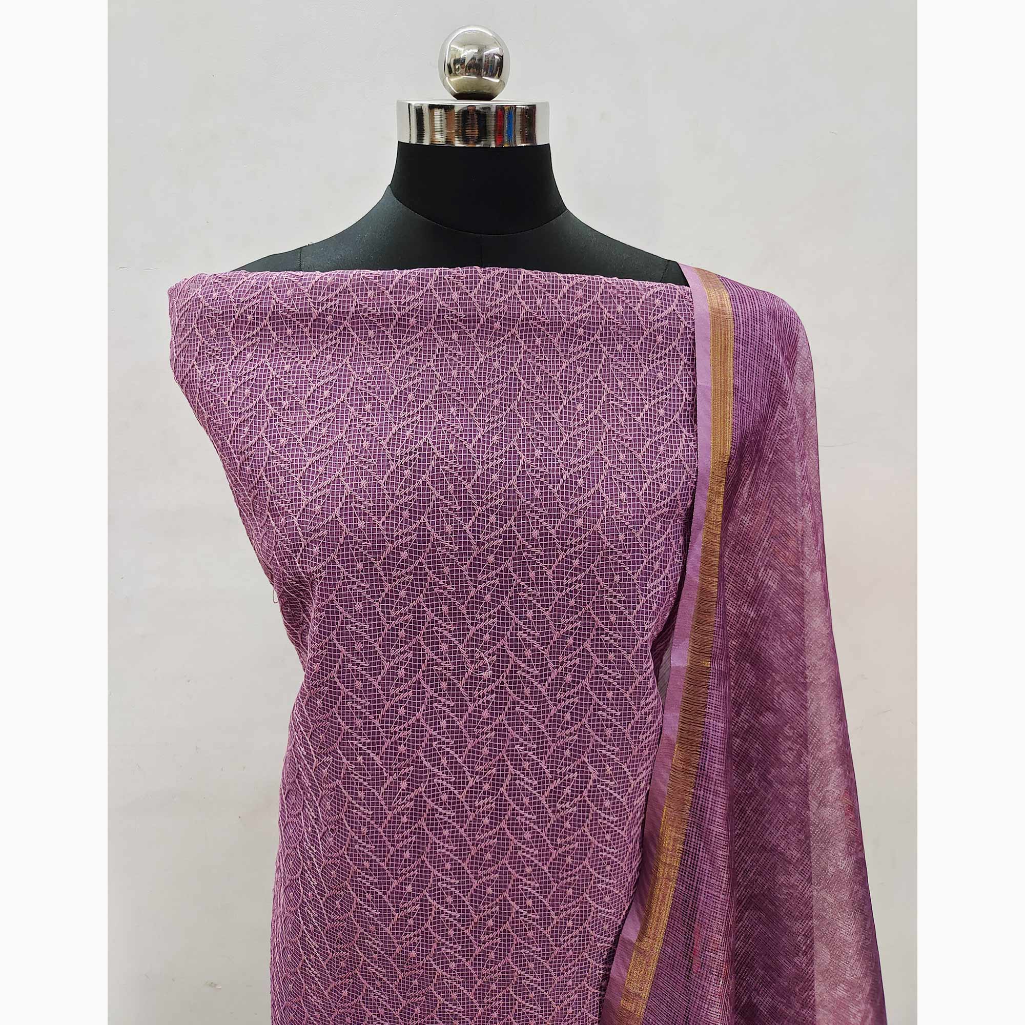 Purple Embroidered Kota Doria Dress Material