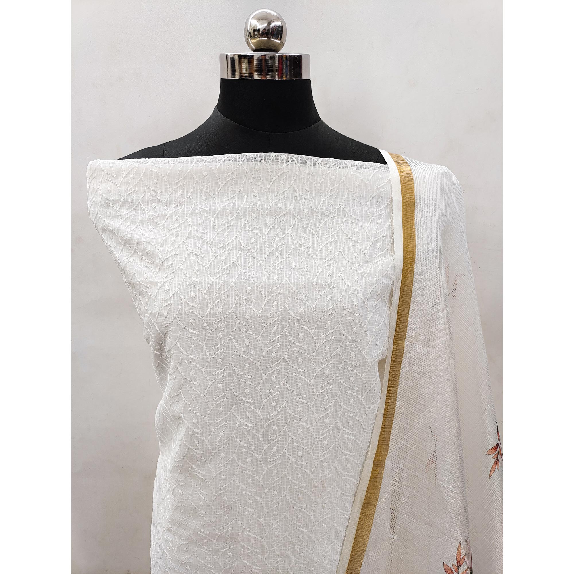 White Embroidered Kota Doria Dress Material