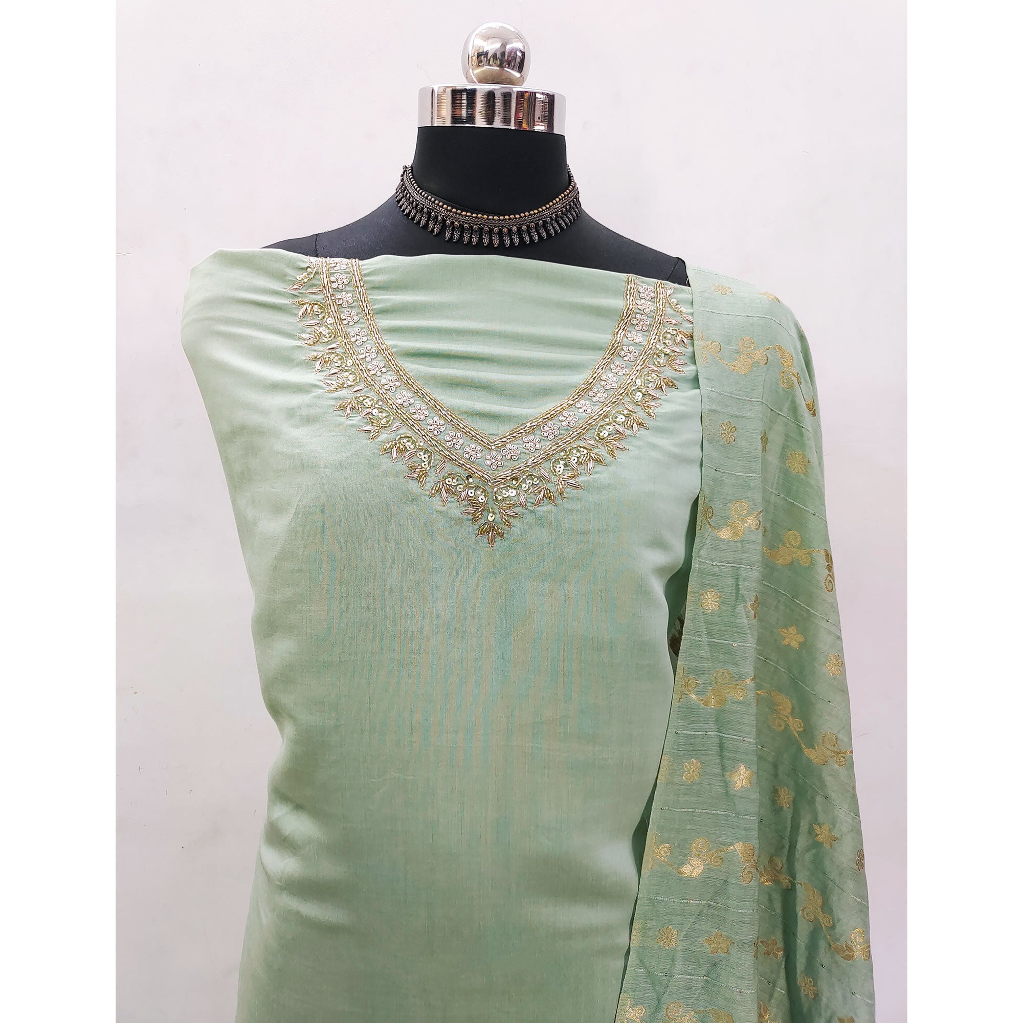 Green Beads Embroidered Viscose Dress Material