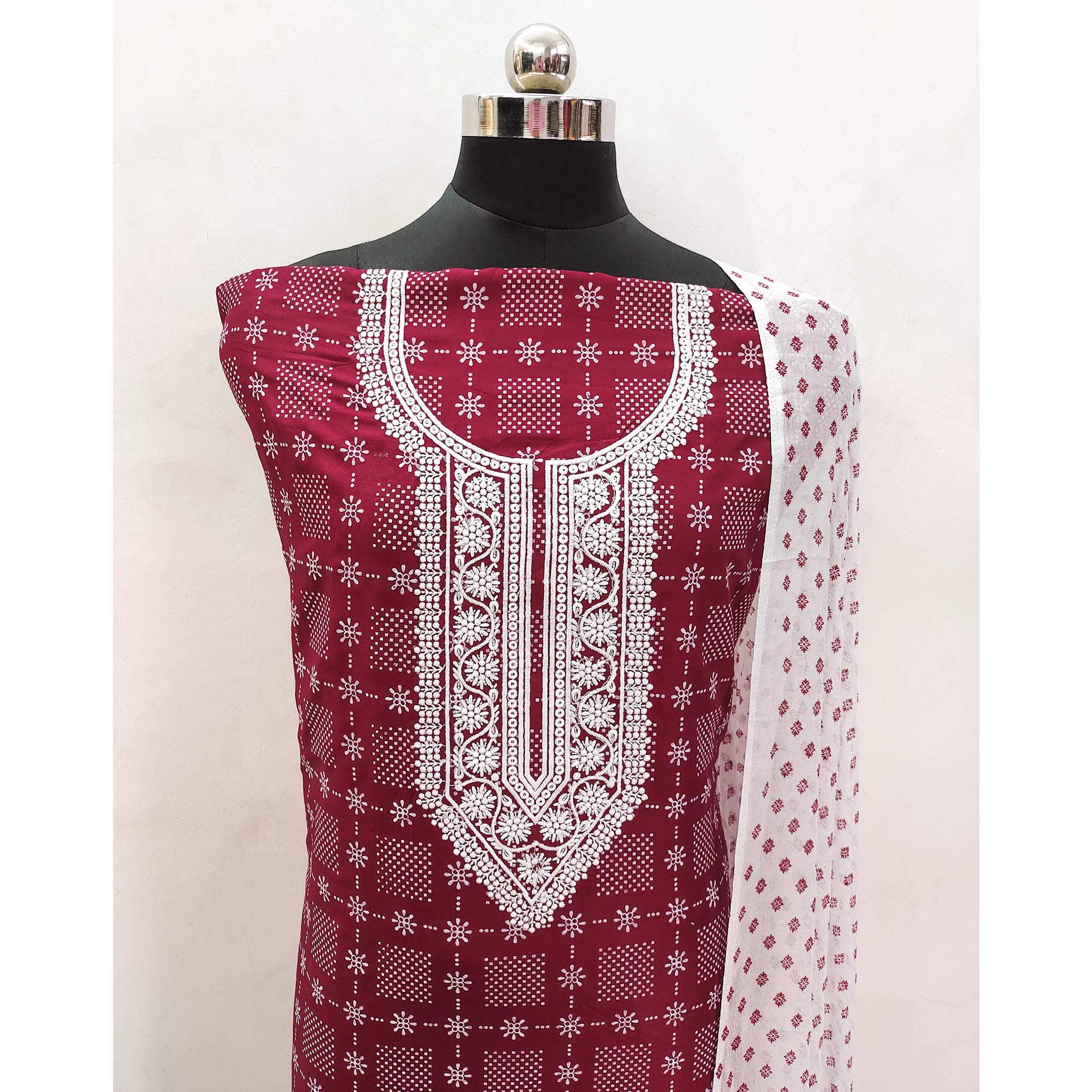 Maroon Printed Rayon Dress Material