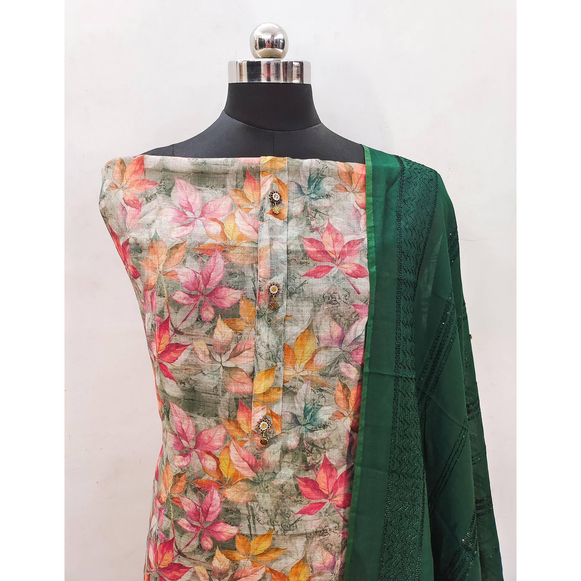 Green Floral Printed Linen Dress Material