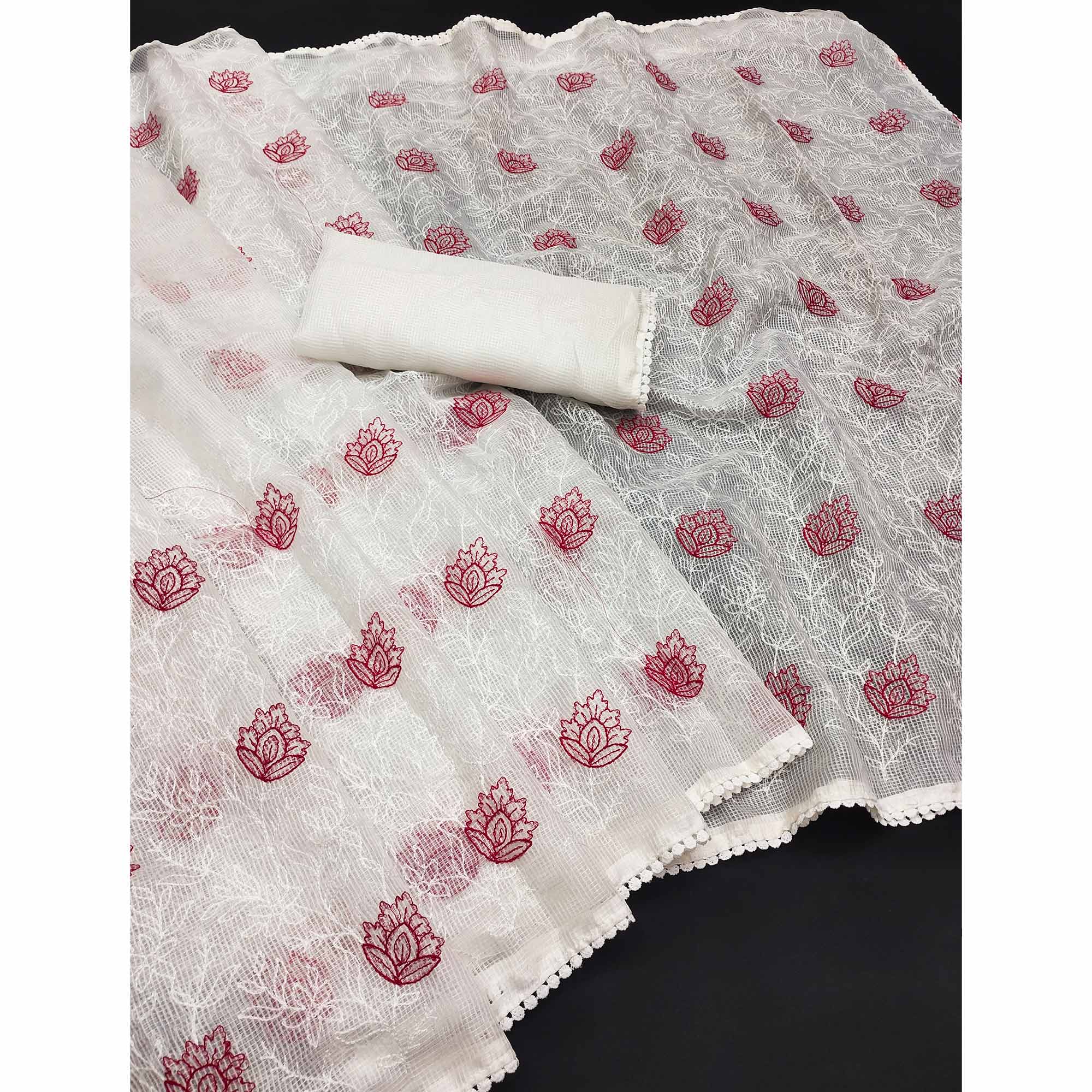 White Floral Embroidered Kota Doria Saree