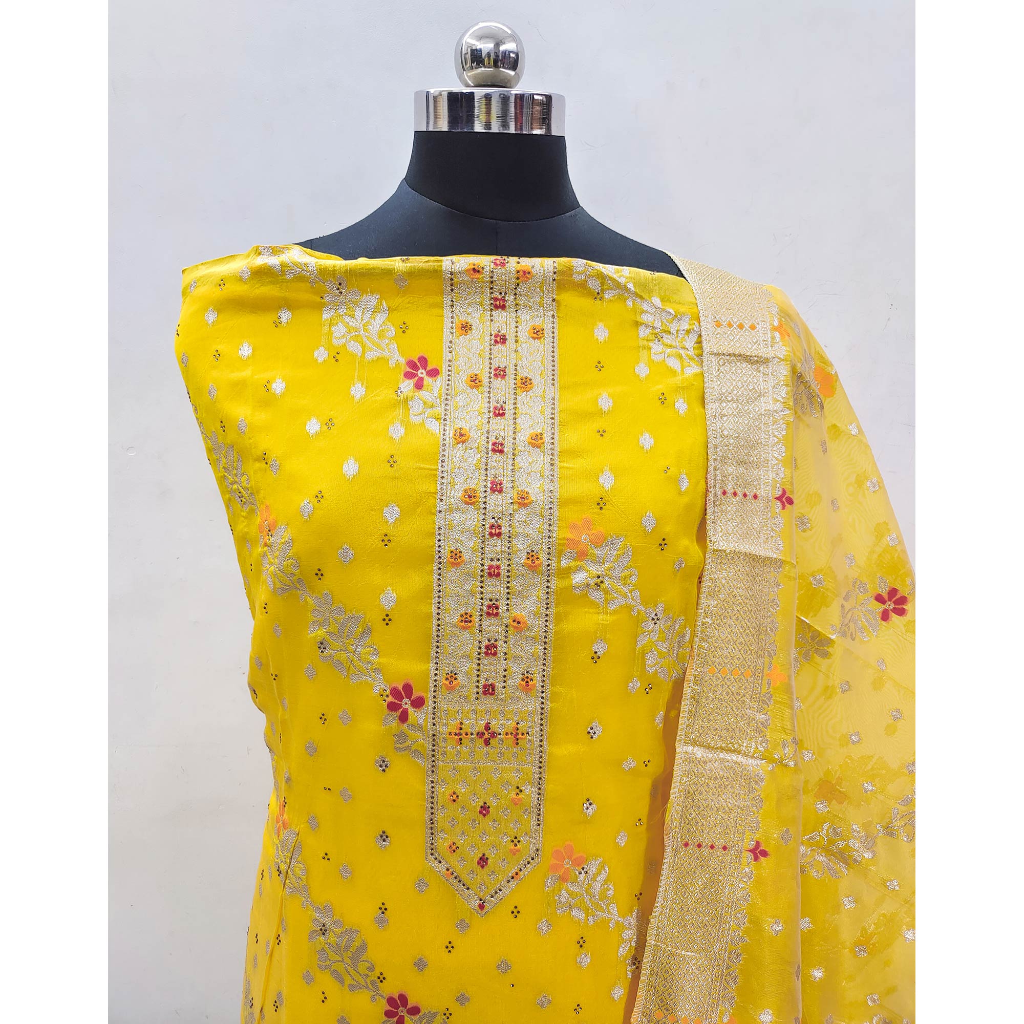 Yellow Zari Woven Banarasi Silk Dress Material