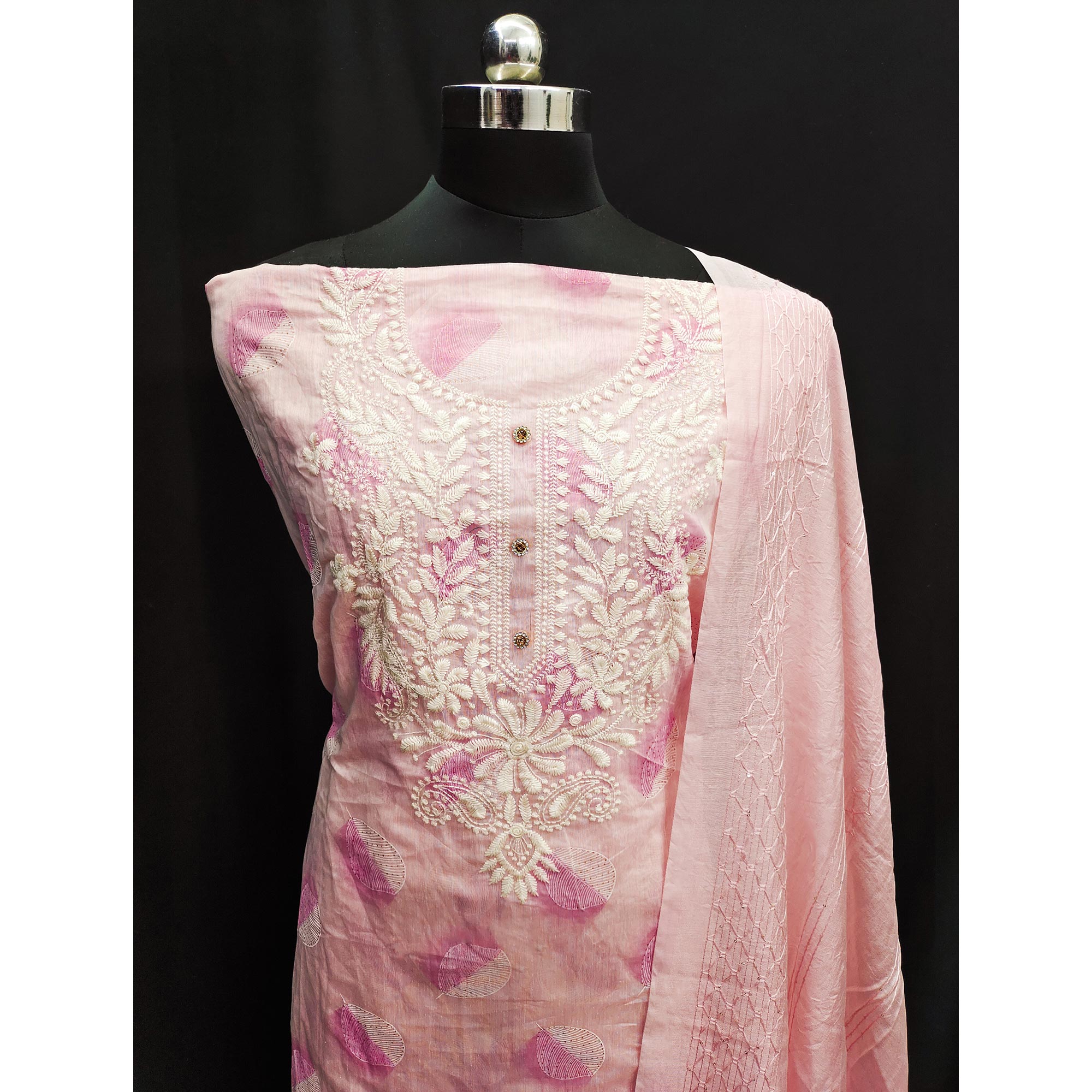 Peach Embroidered Chanderi Dress Material