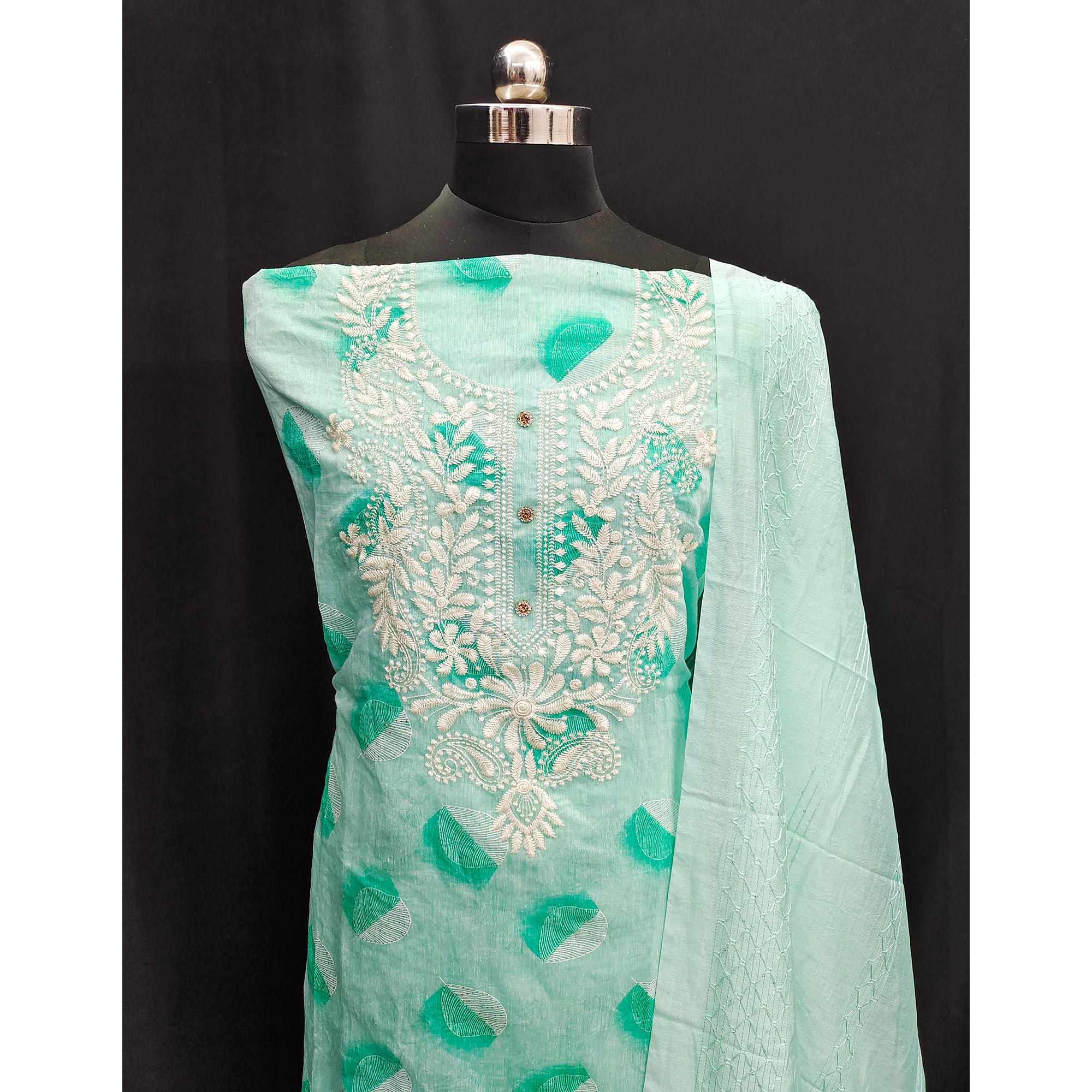 Turquoise Embroidered Chanderi Dress Material