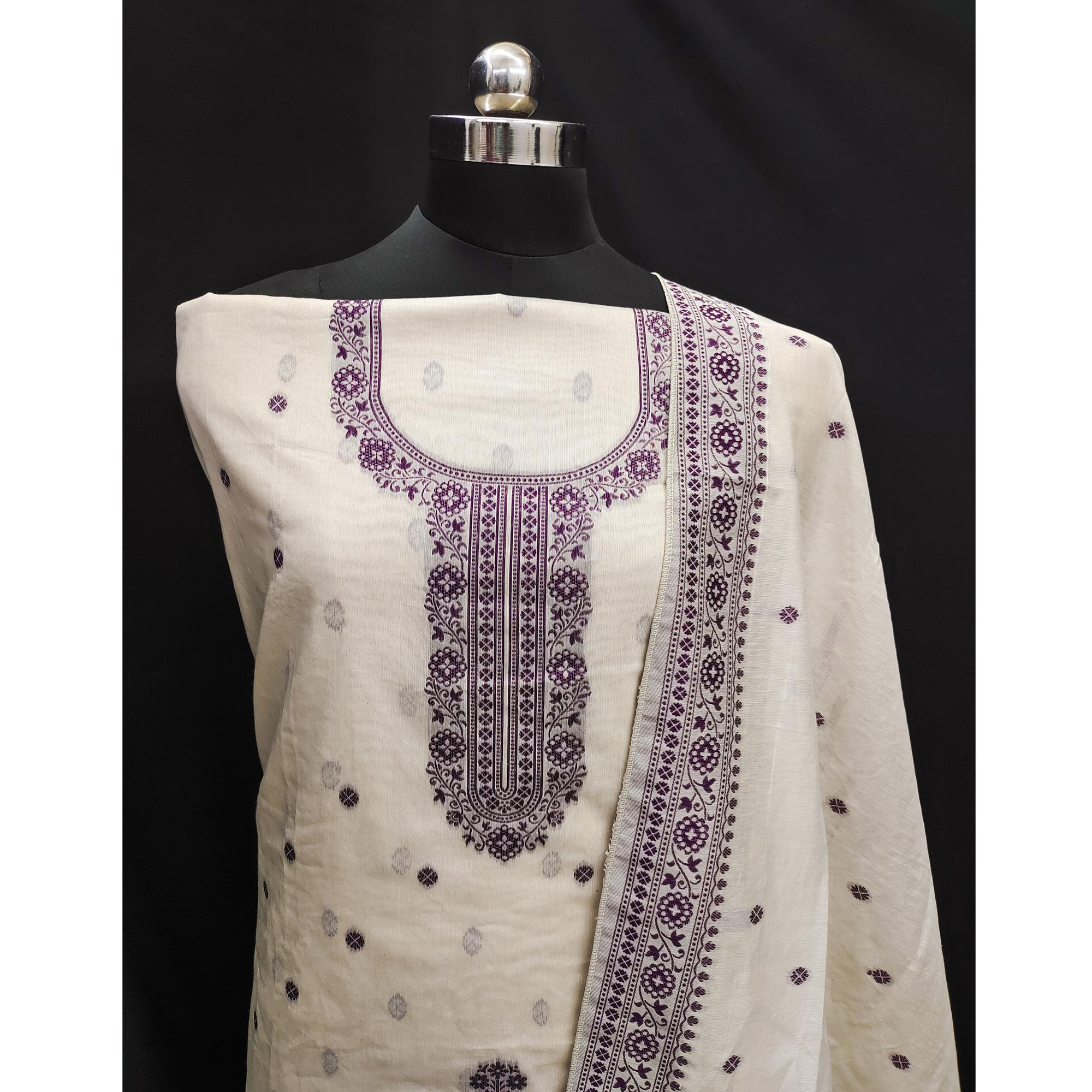 Off White & Wine Woven Pure Cotton Dress Material