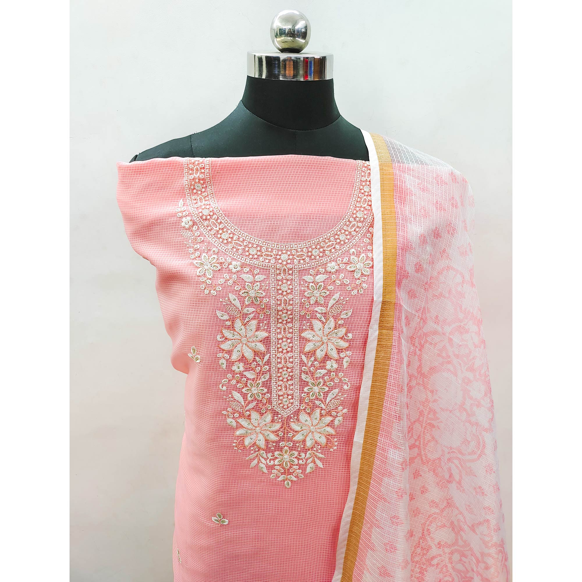 Peach Floral Embroidered Kota Doria Dress Material