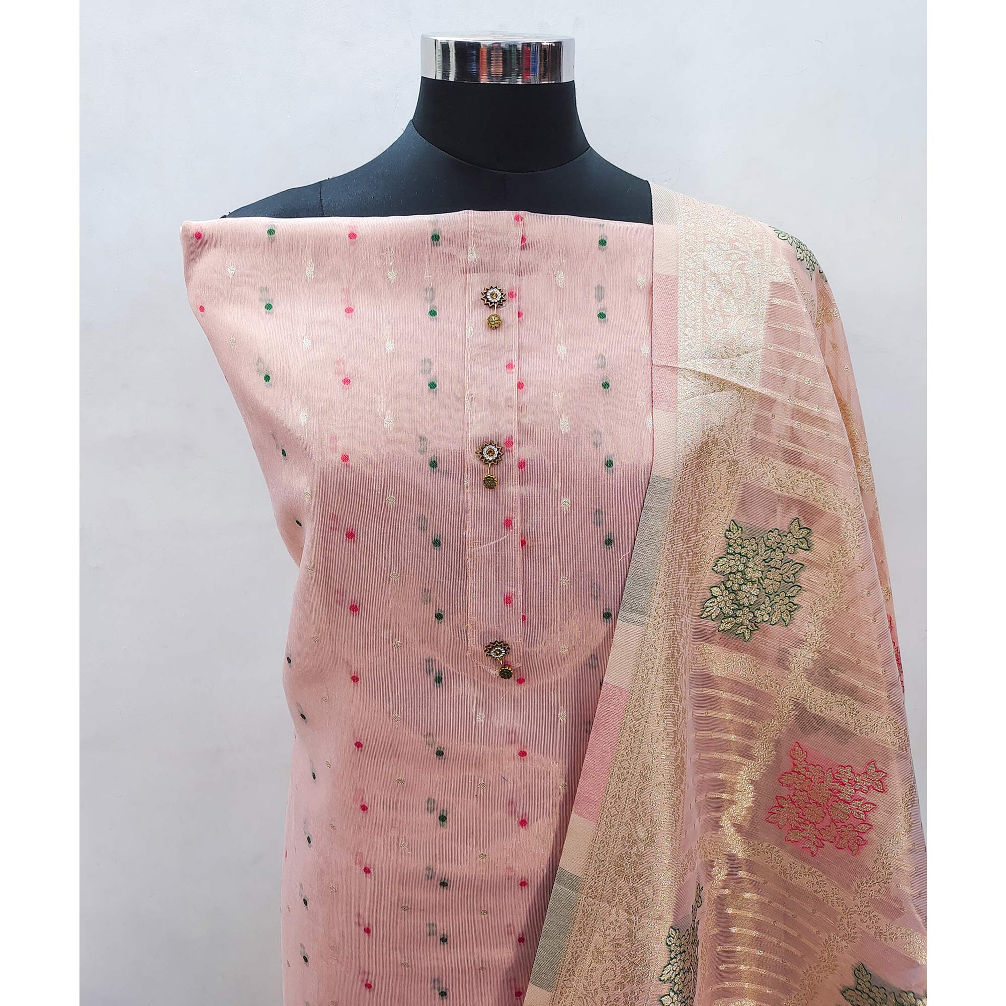 Peach Zari Weaving Banarasi Silk Dress Material
