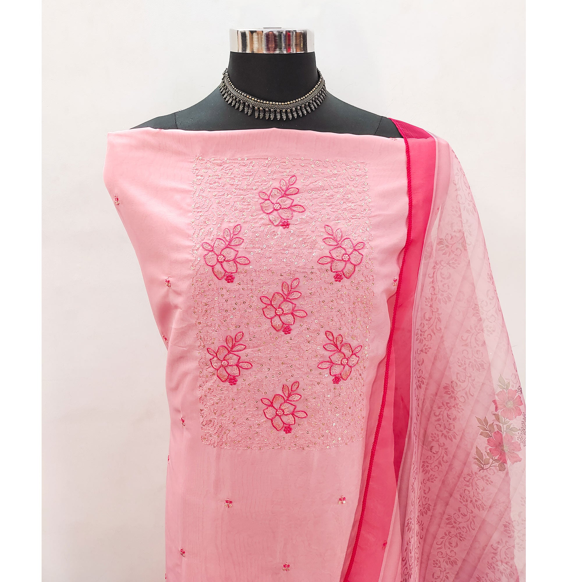 Pink Floral Embroidered Organza Dress Material