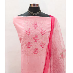 Pink Floral Embroidered Organza Dress Material