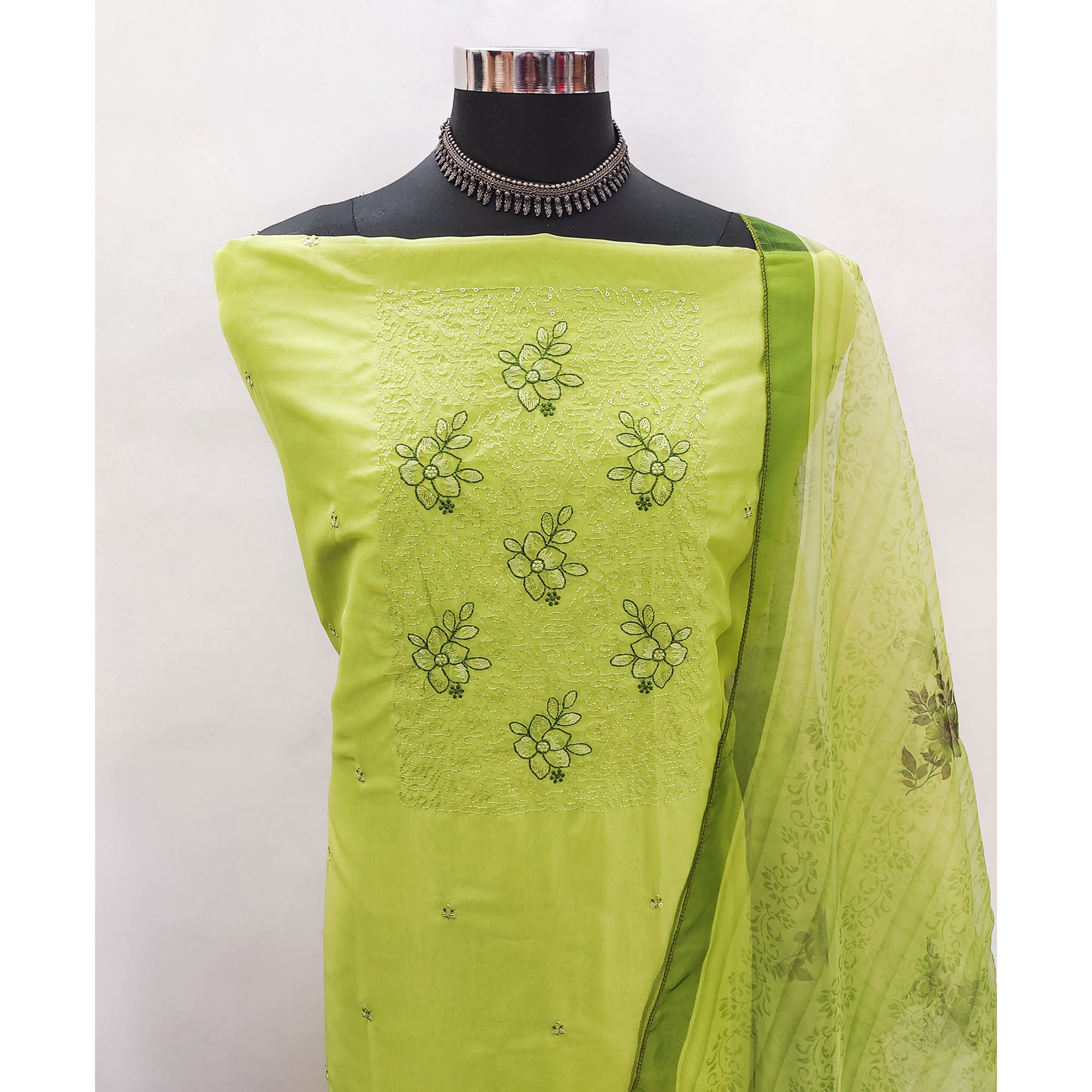 Green Floral Embroidered Organza Dress Material