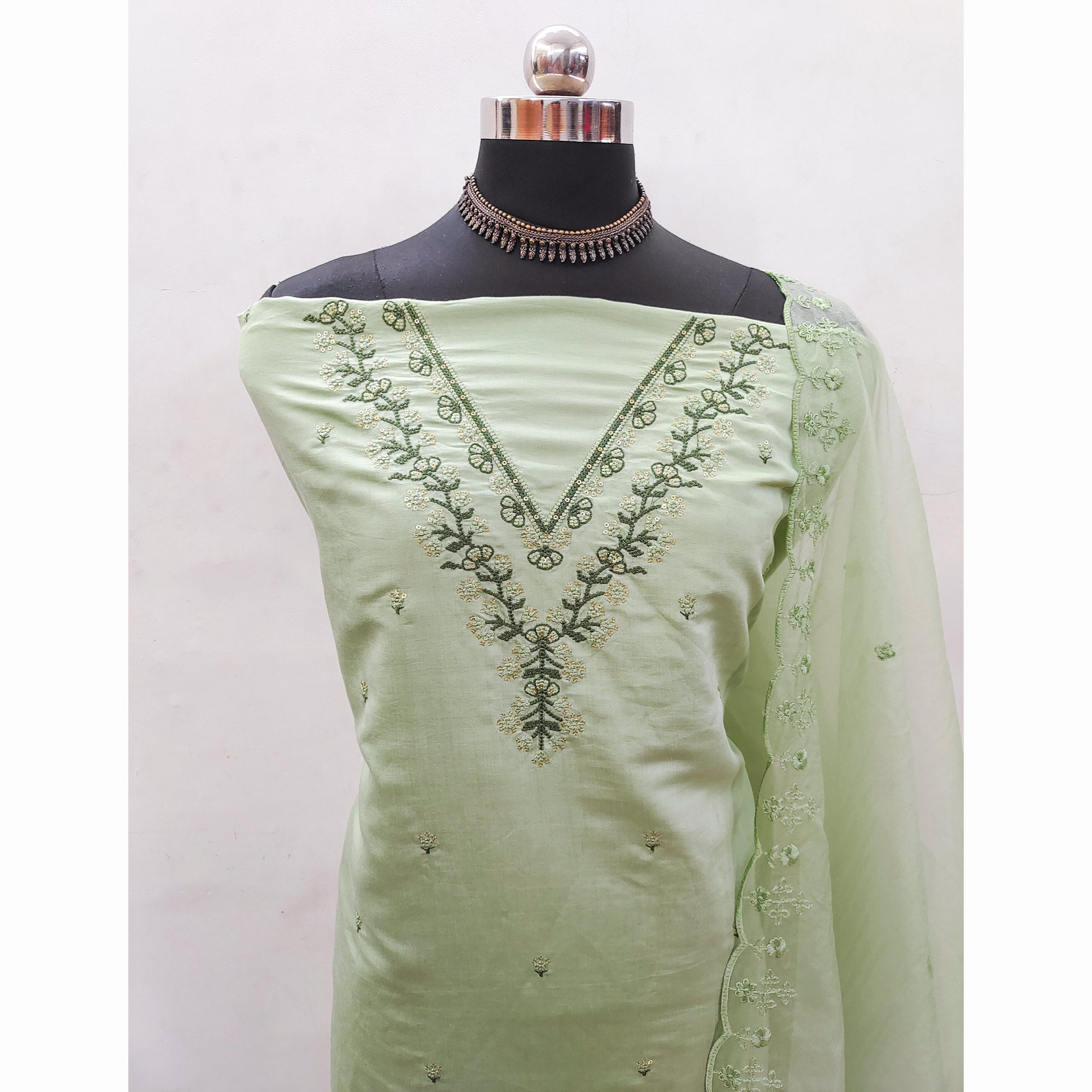 Green Sequins Embroidered Viscose Dress Material