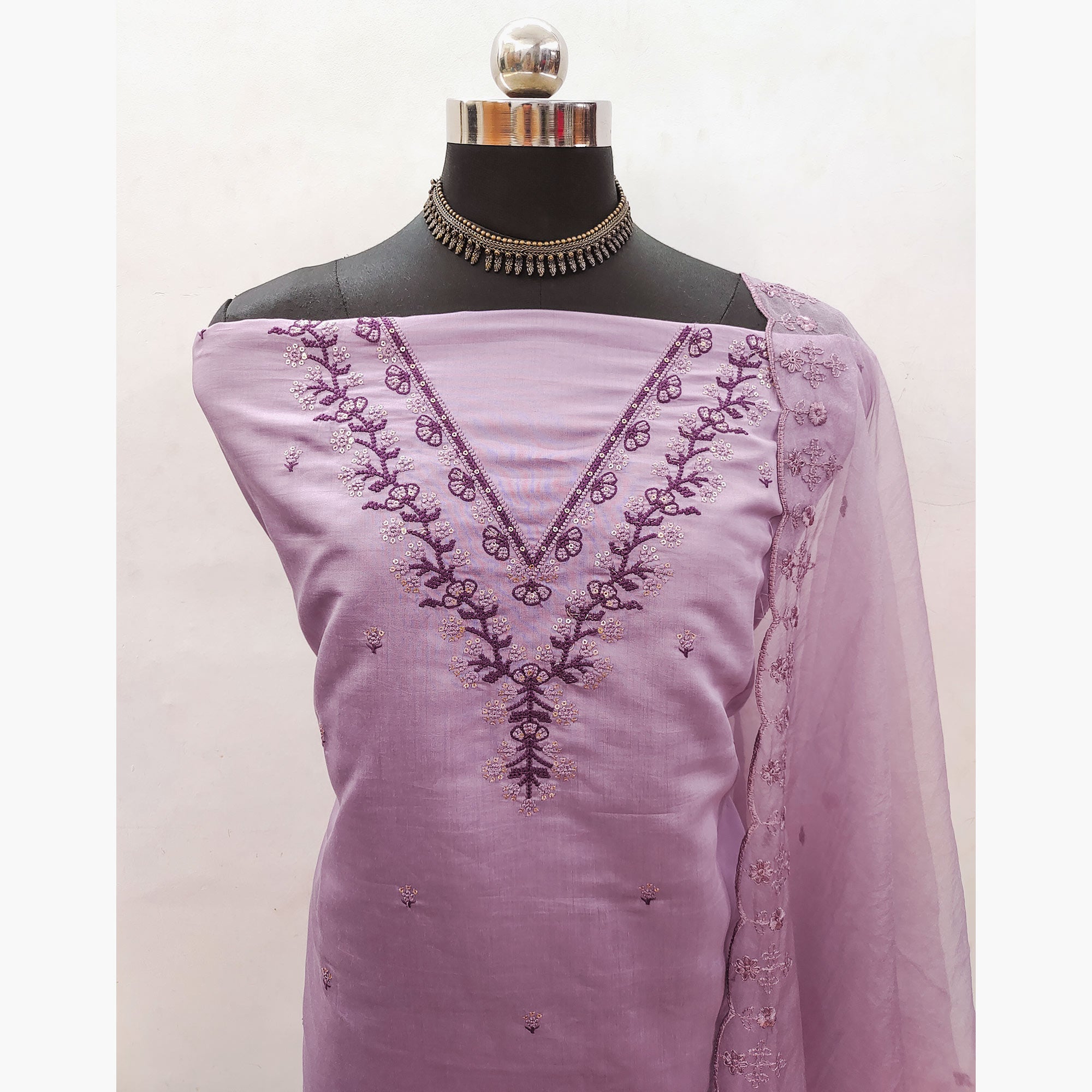 Purple Sequins Embroidered Viscose Dress Material