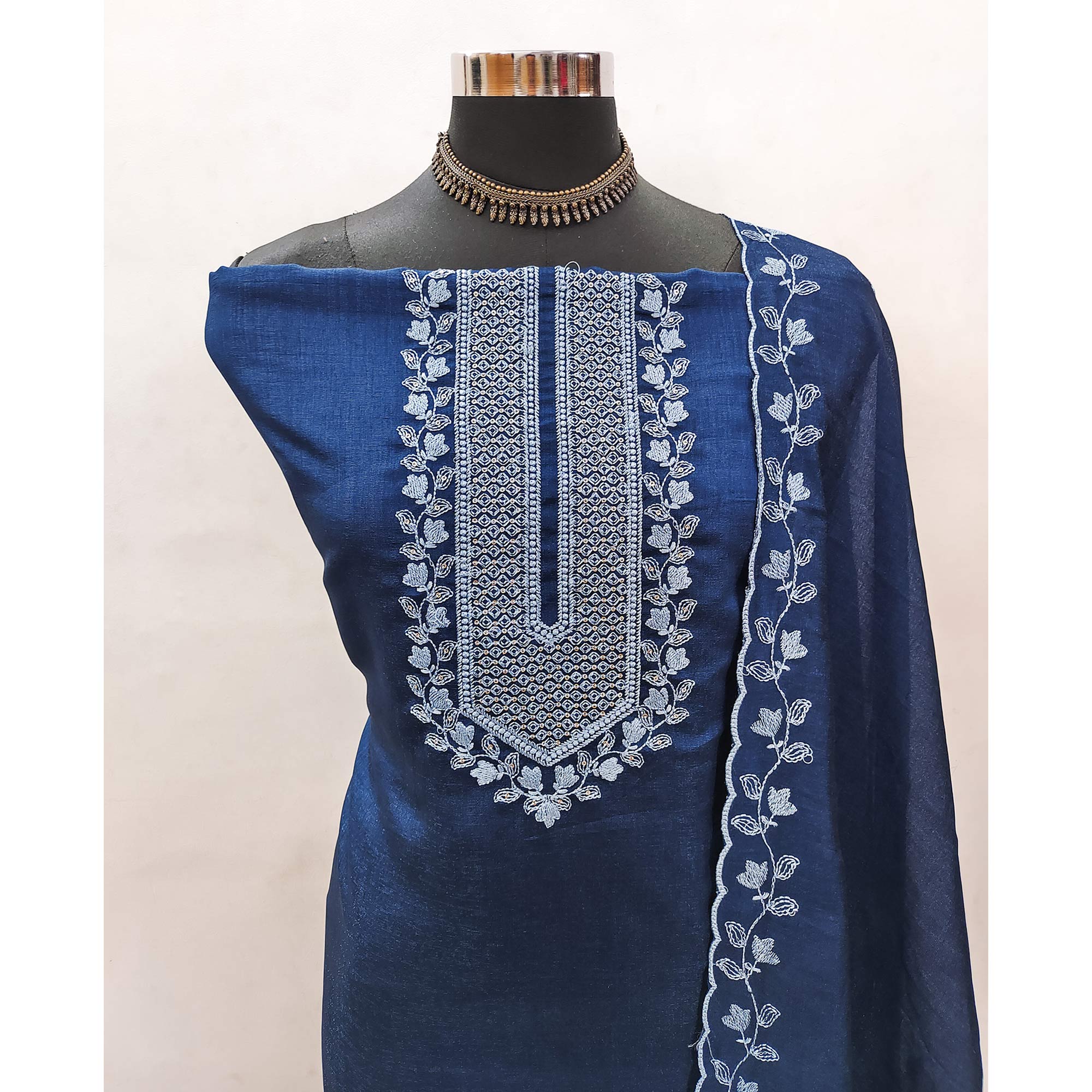 Blue Embroidered Vichitra Silk Dress Material