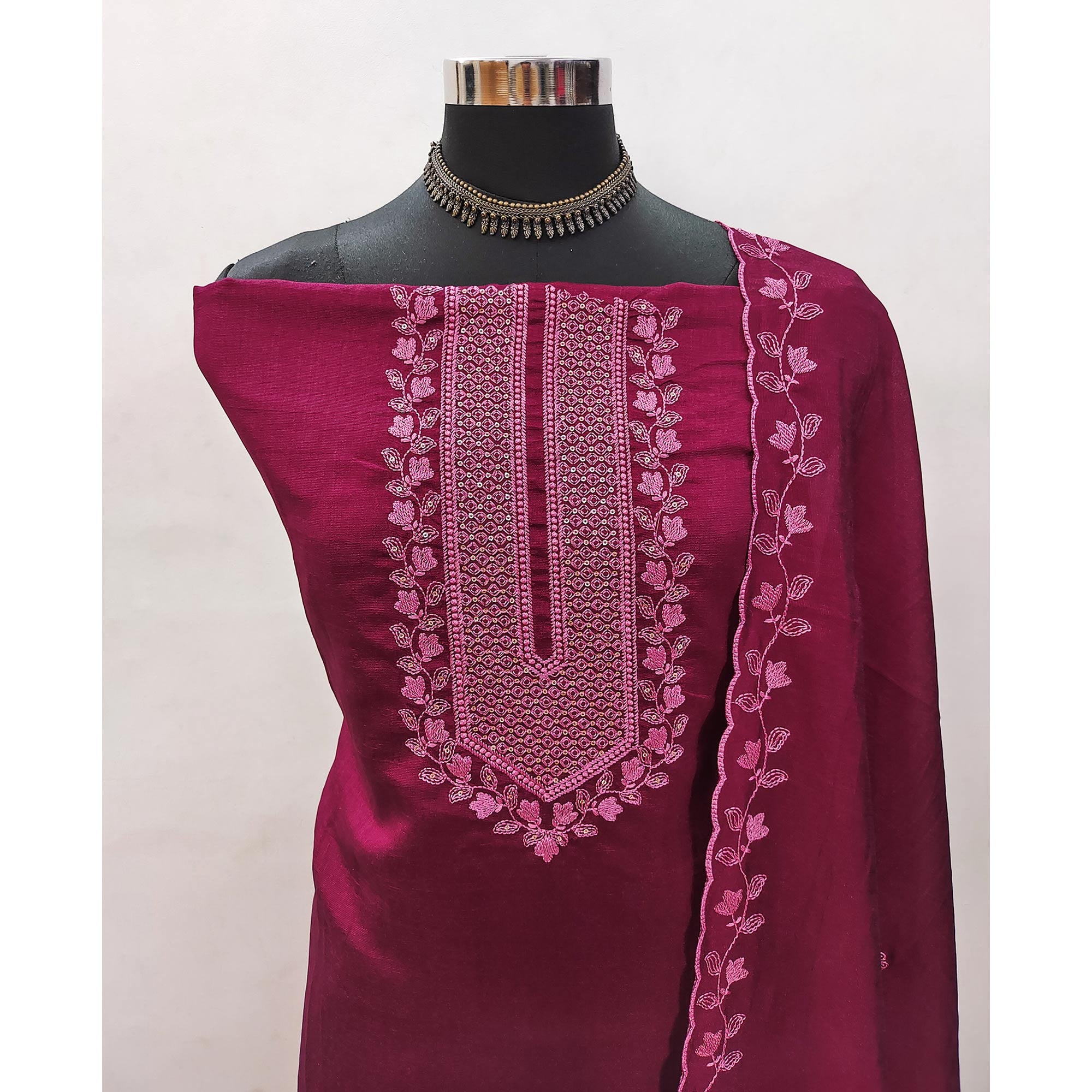 Dark Pink Embroidered Vichitra Silk Dress Material