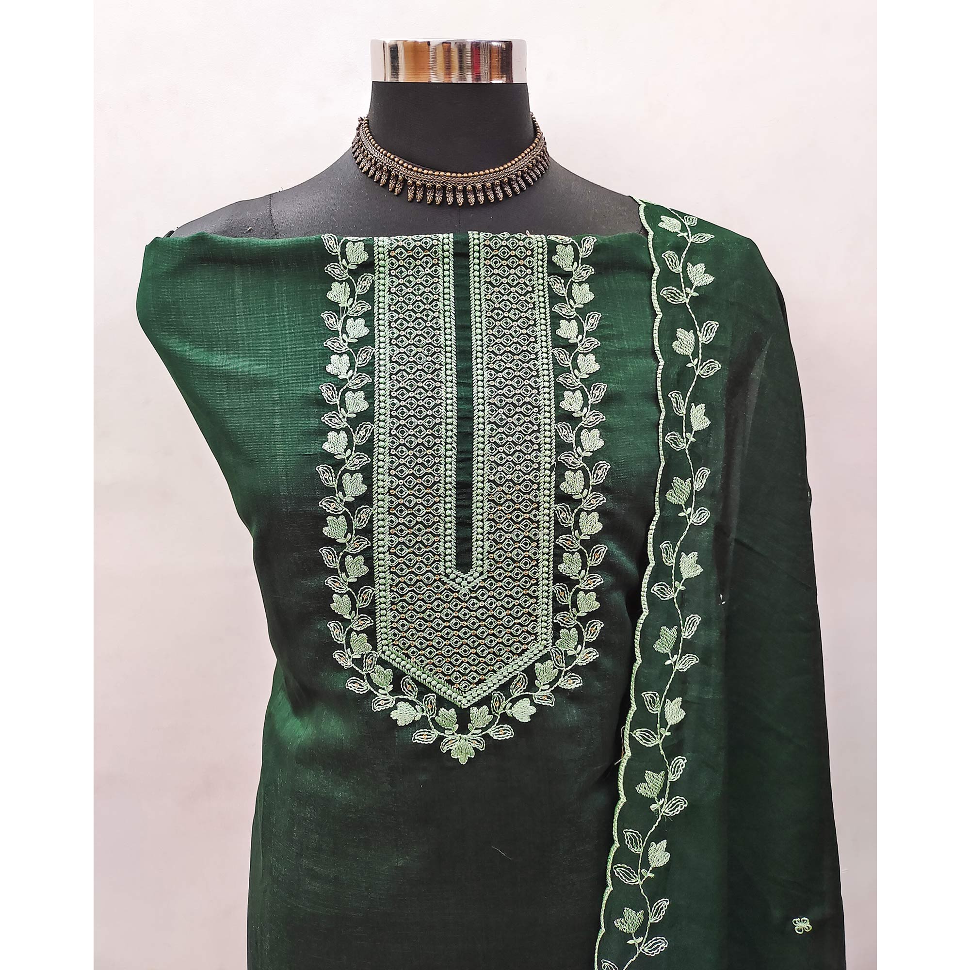 Green Embroidered Vichitra Silk Dress Material