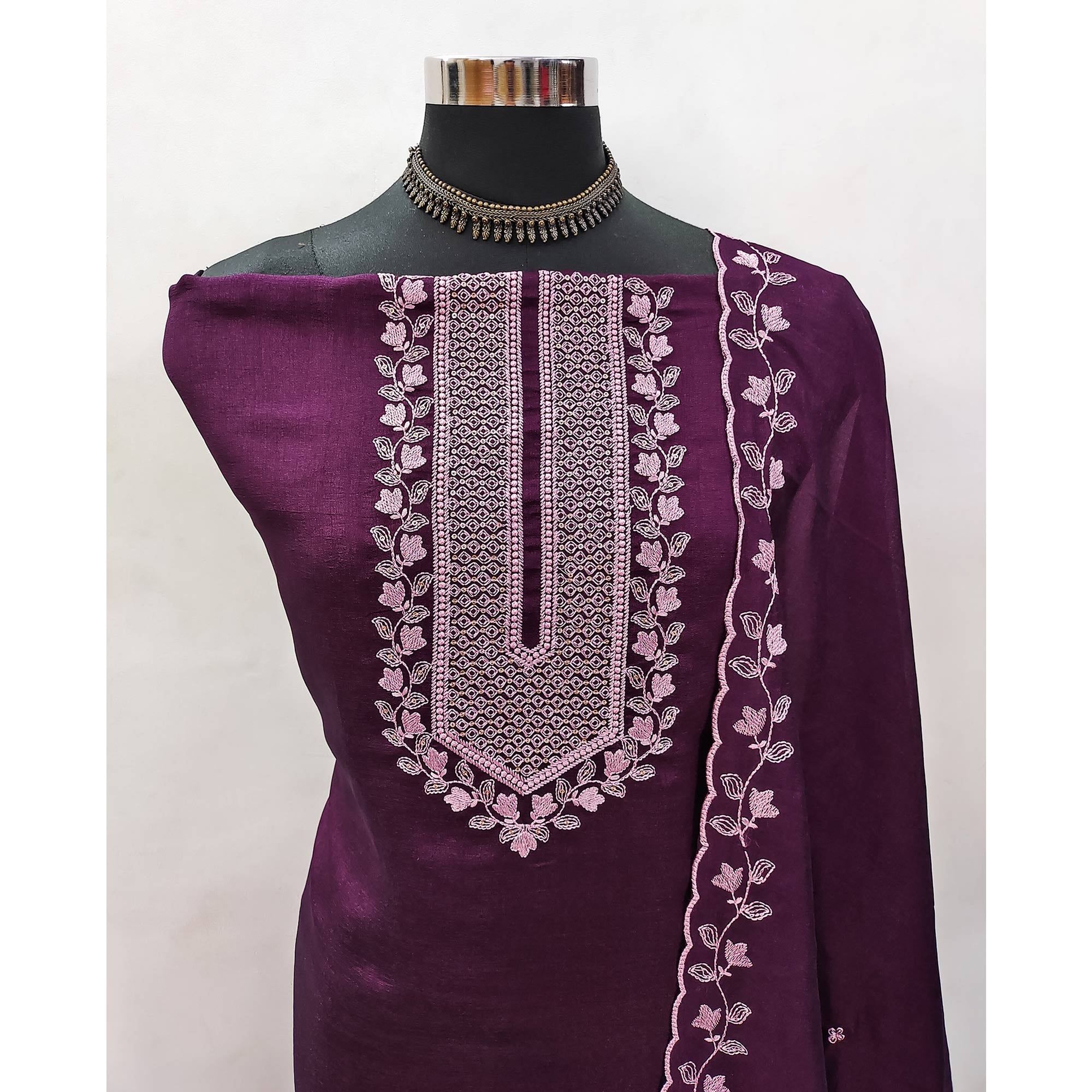 Purple Embroidered Vichitra Silk Dress Material