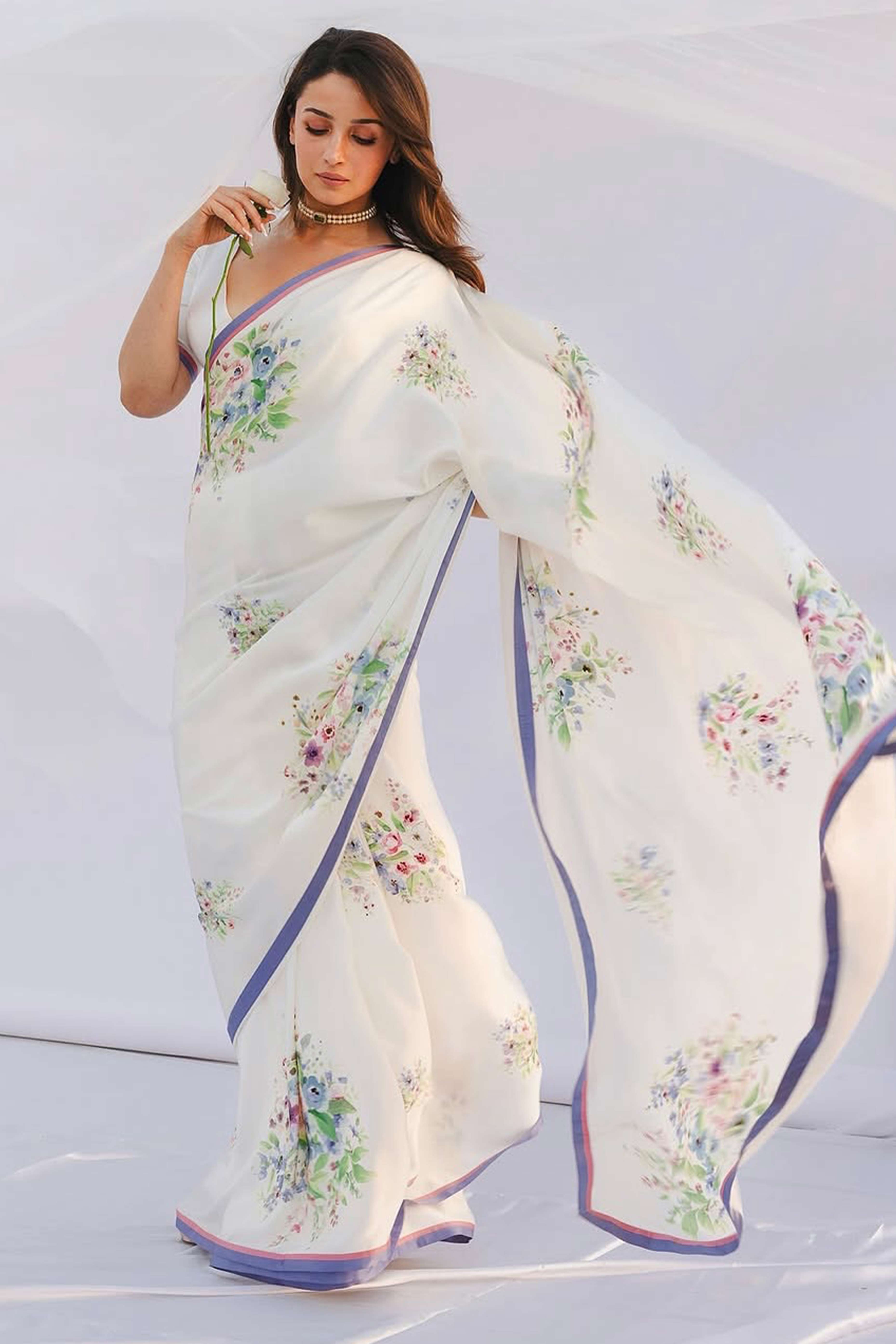 White Floral Printed Georgette Saree