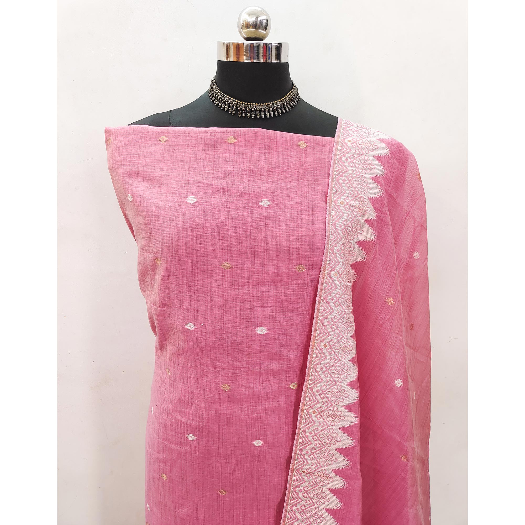 Pink Floral Woven Banarasi Silk Dress Material