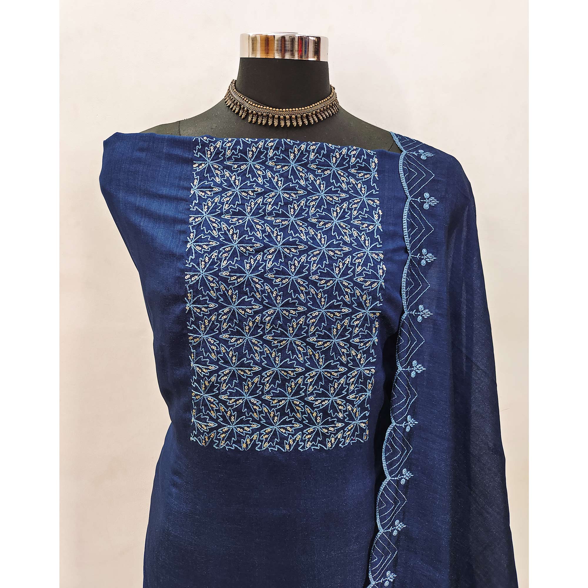 Blue Sequins Embroidered Vichitra Silk Dress Material