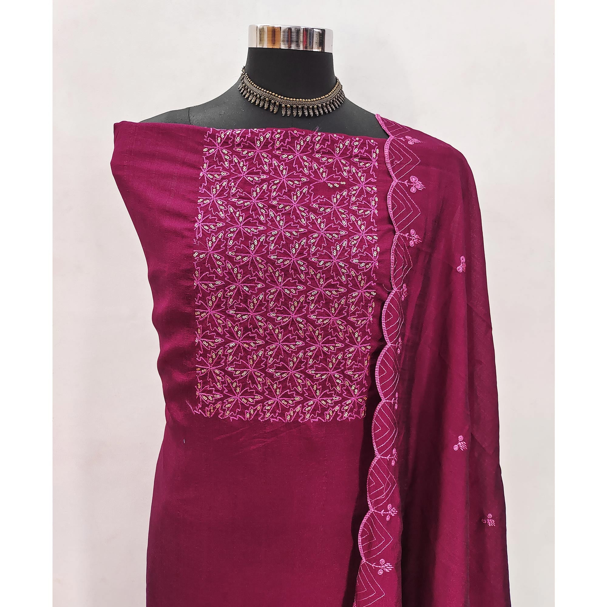 Dark Magenta Sequins Embroidered Vichitra Silk Dress Material