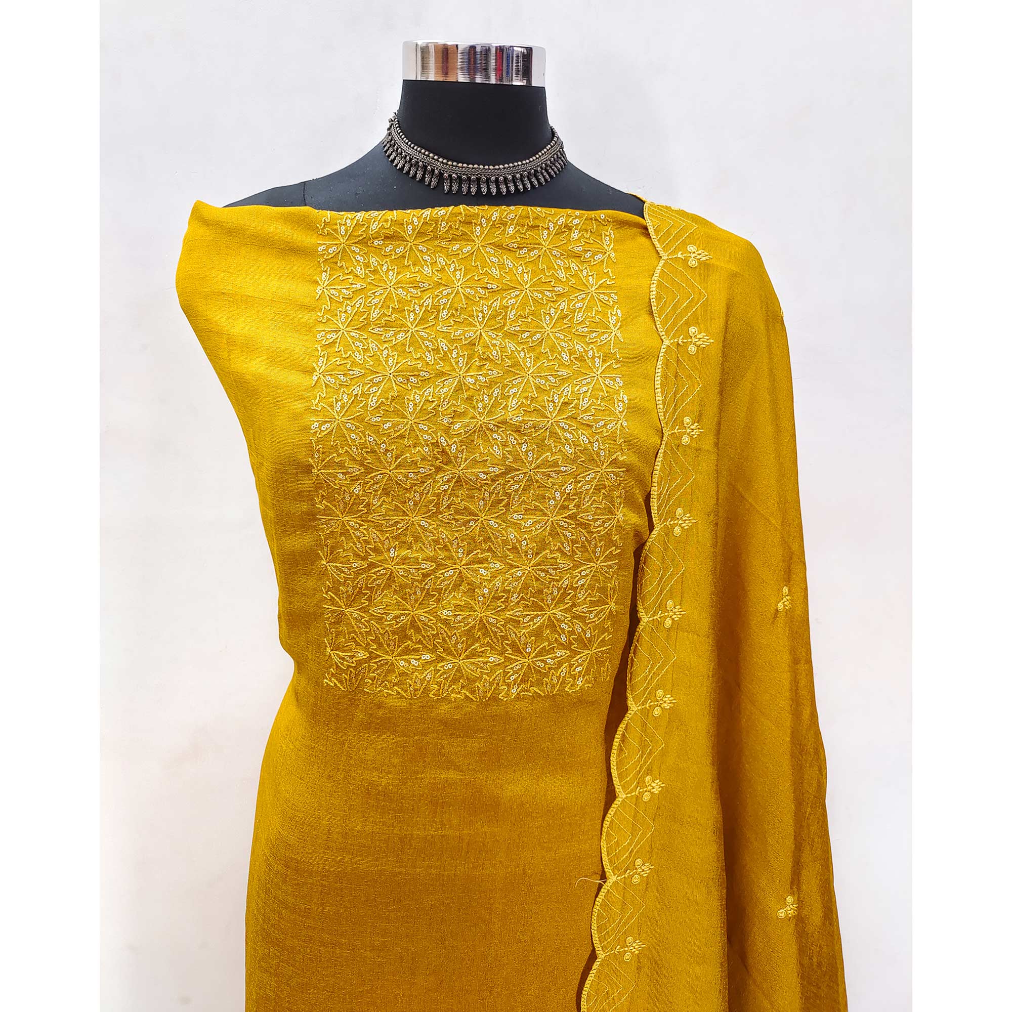 Mustard Sequins Embroidered Vichitra Silk Dress Material