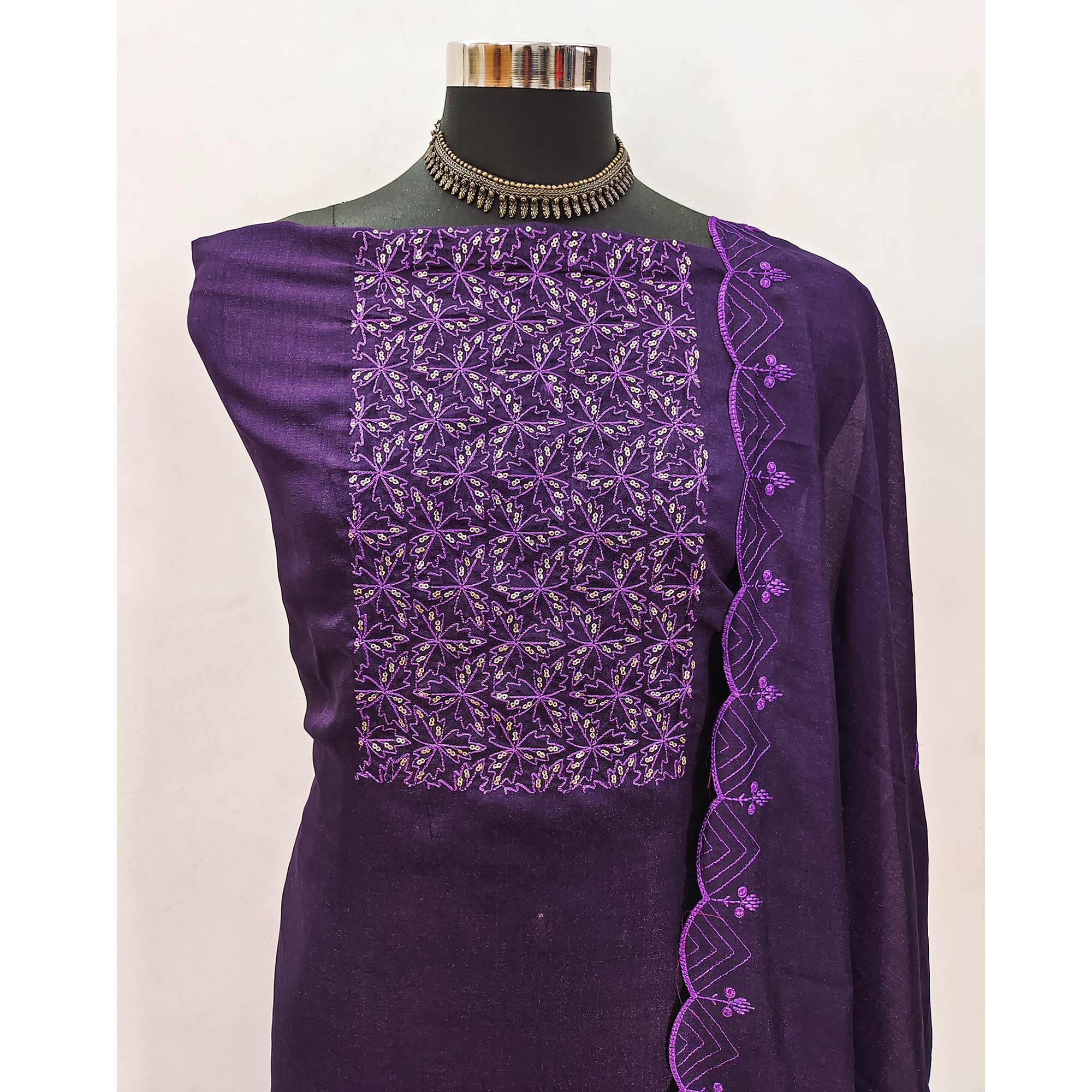 Purple Sequins Embroidered Vichitra Silk Dress Material