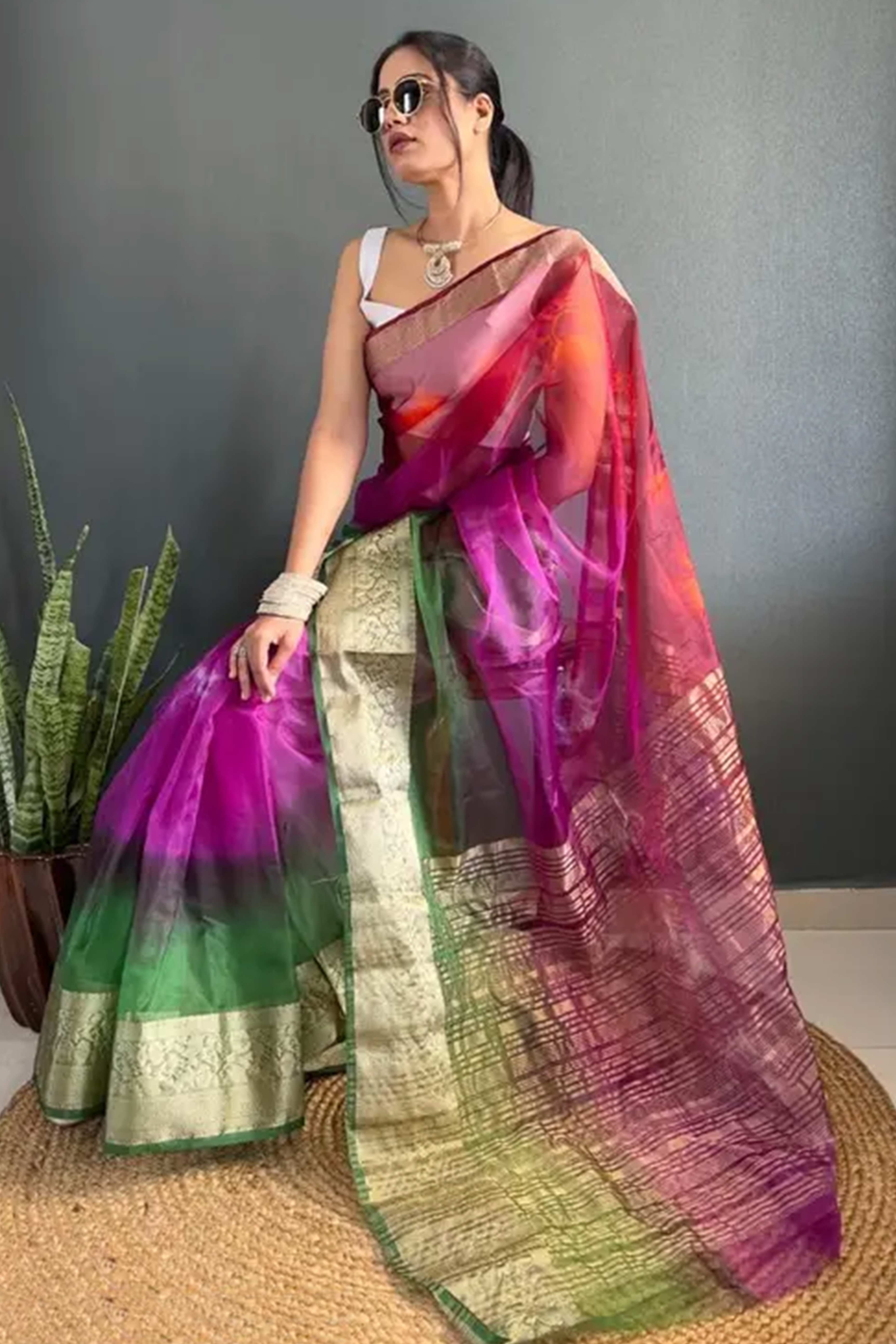 Multicolor Ombre Zari Woven Organza Saree