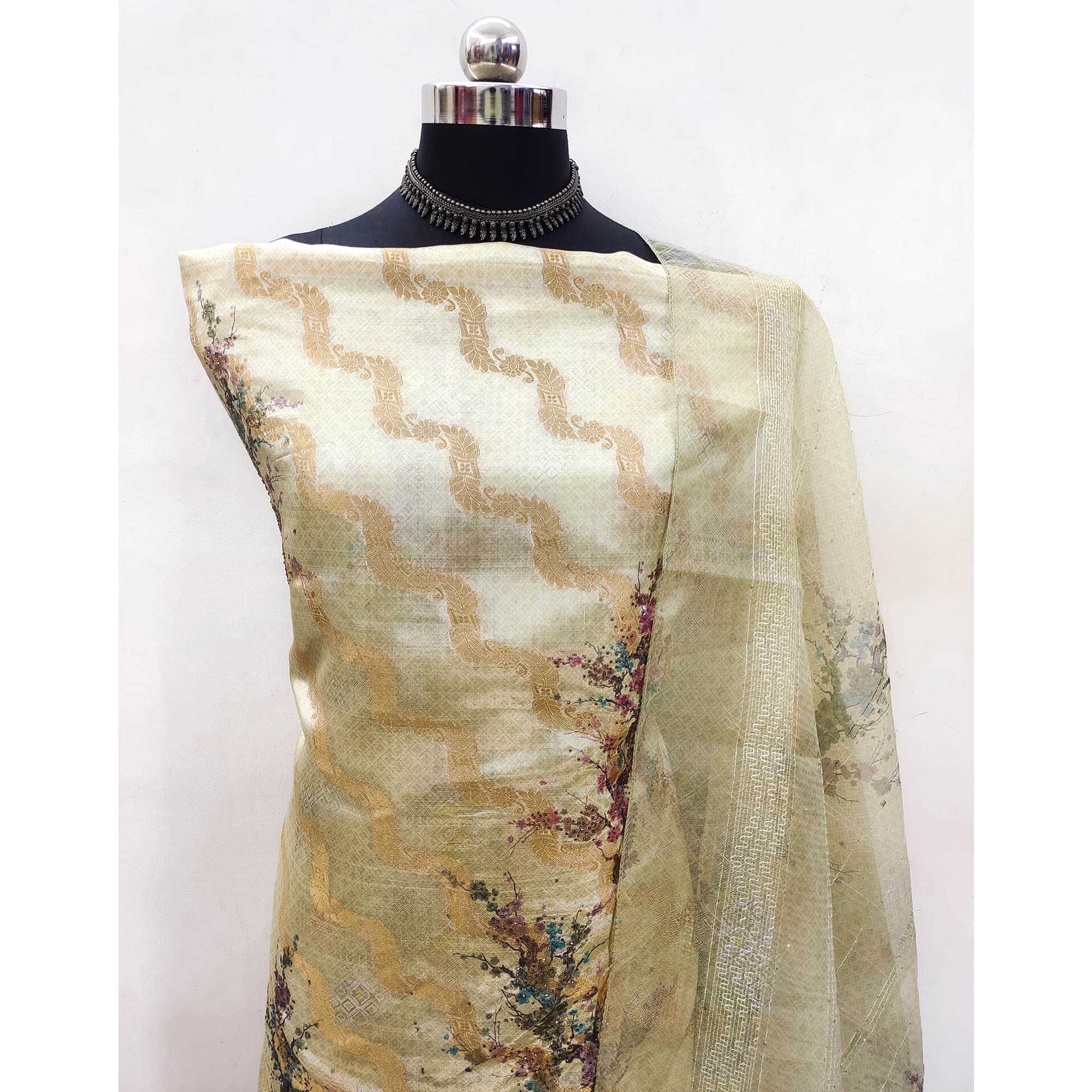 Light Green Woven With Digital Printed Organza Dress Material
