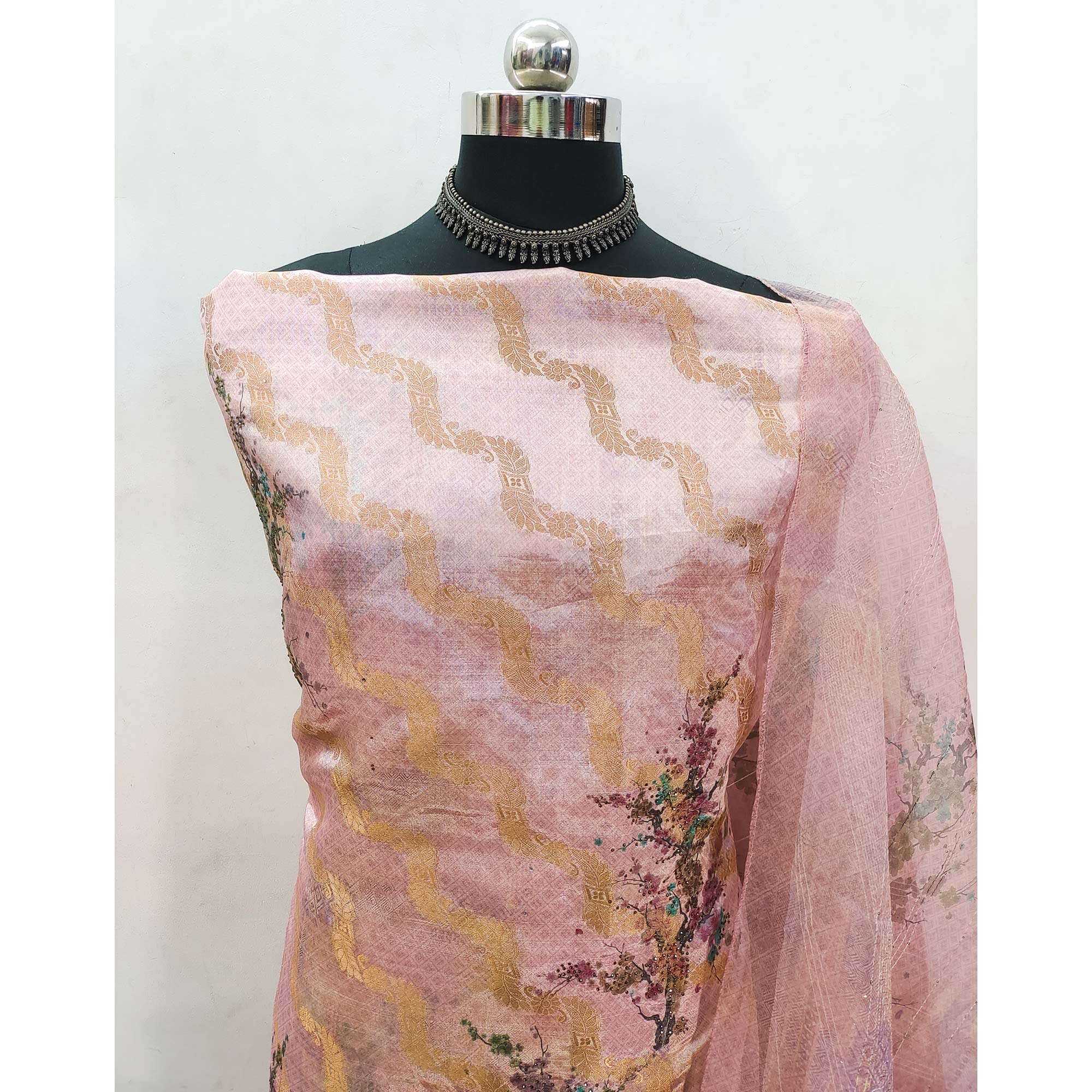 Rose Pink Woven With Digital Printed Organza Dress Material