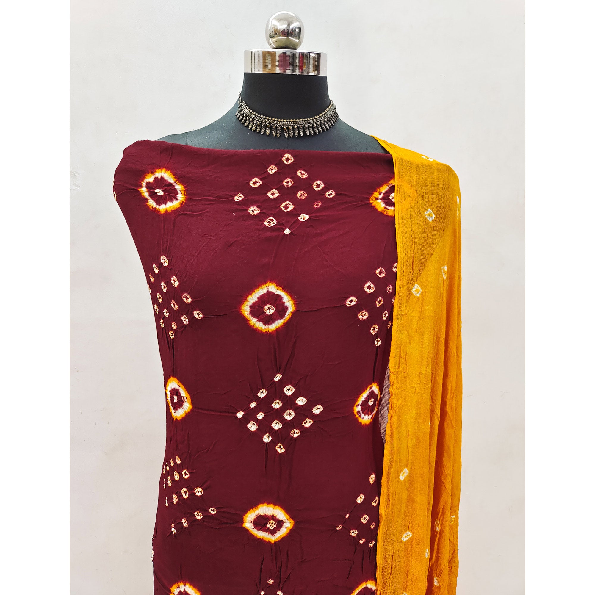 Maroon Tie & Dye Printed Rayon Dress Material