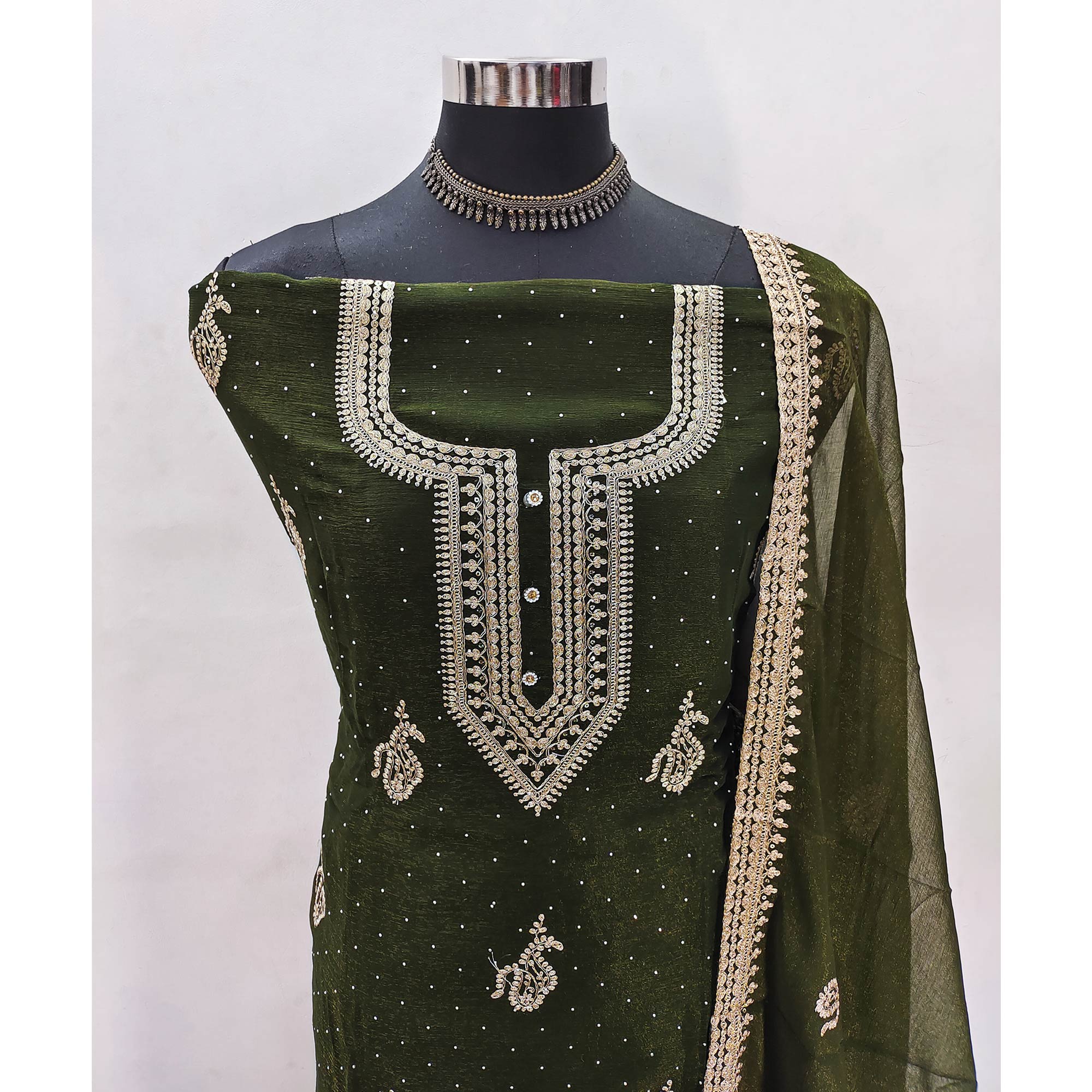 Mehendi Green Floral Embroidery With Swarovski Work Georgette Dress Material