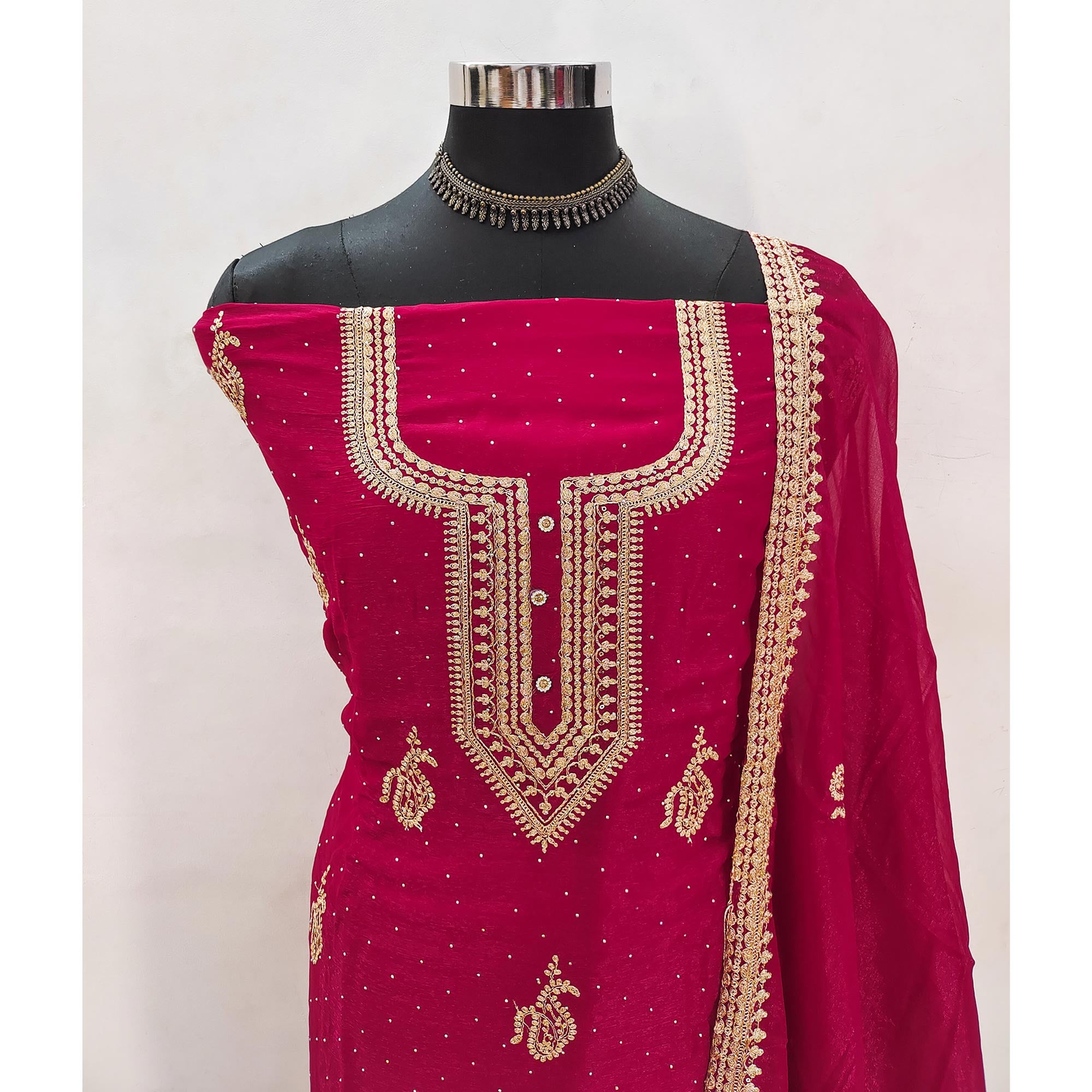 Pink Floral Embroidery With Swarovski Work Georgette Dress Material