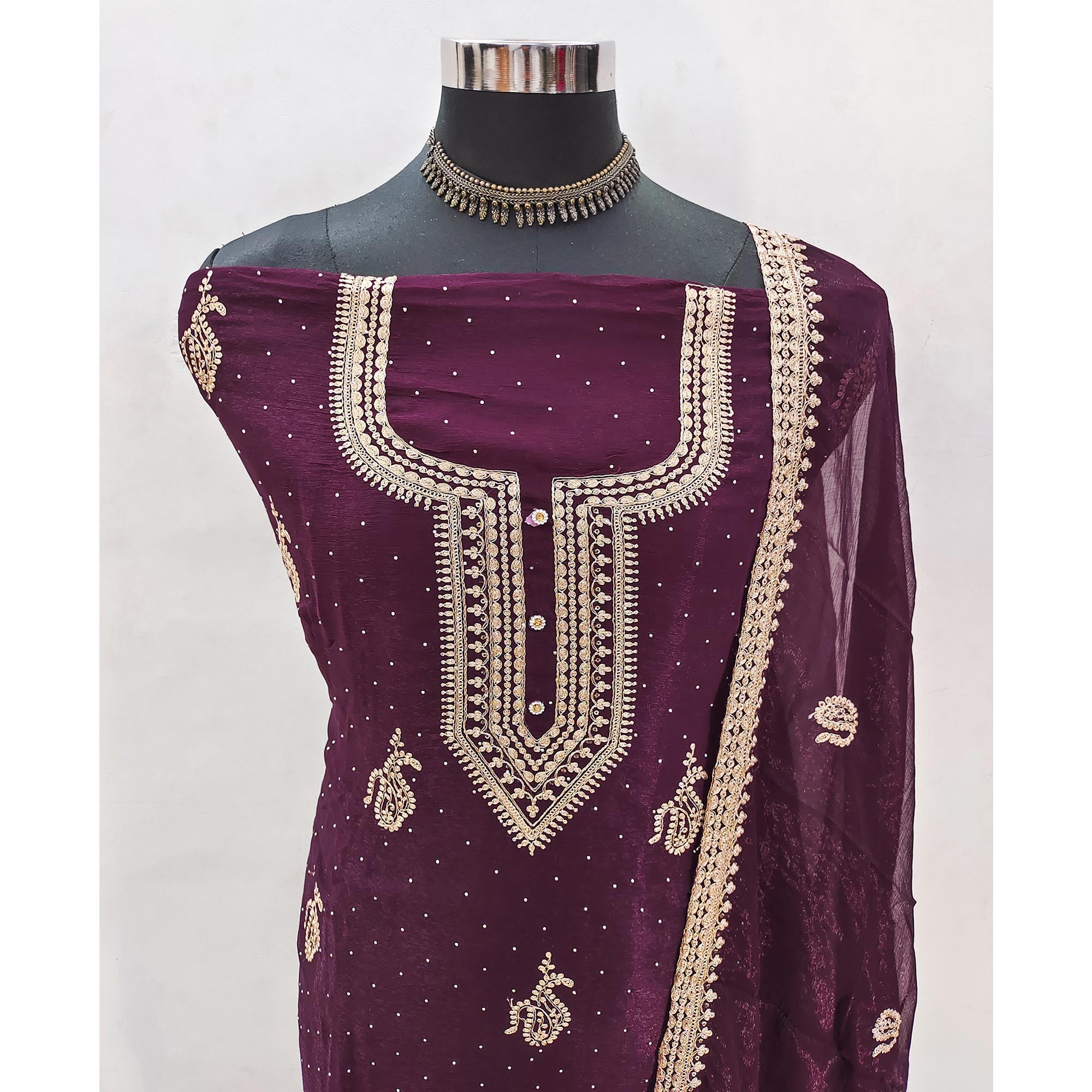 Wine Floral Embroidery With Swarovski Work Georgette Dress Material