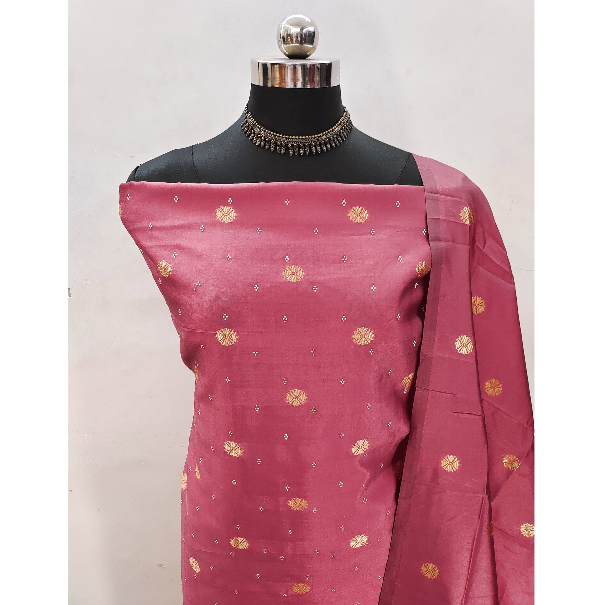 Gajari Pink Floral Woven With Swarovski Work Banarasi Silk Dress Material