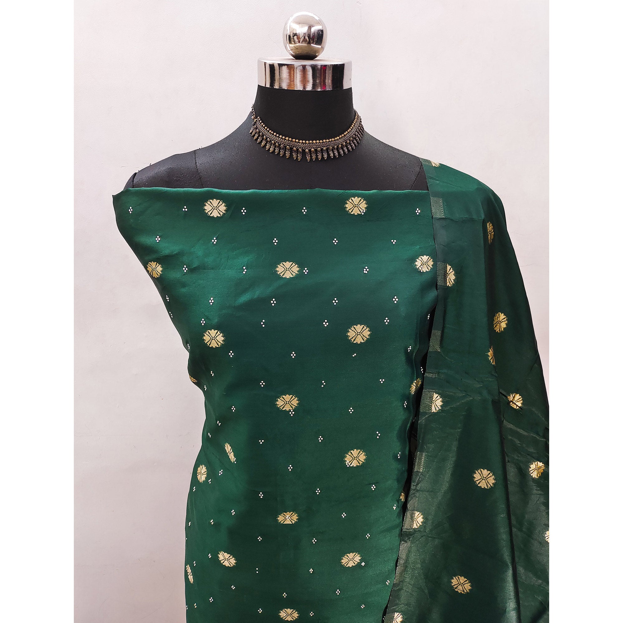 Green Floral Woven With Swarovski Work Banarasi Silk Dress Material