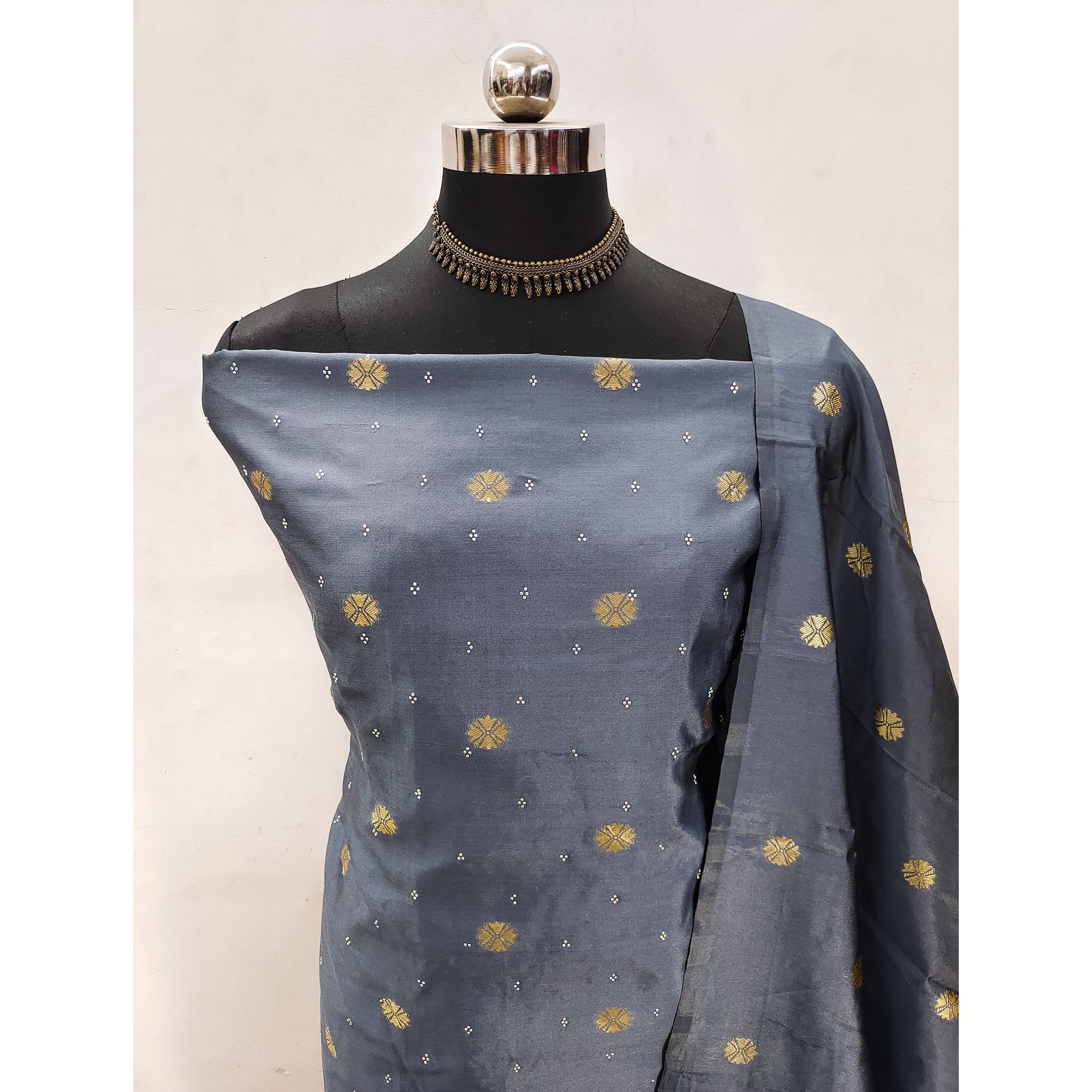 Grey Floral Woven With Swarovski Work Banarasi Silk Dress Material