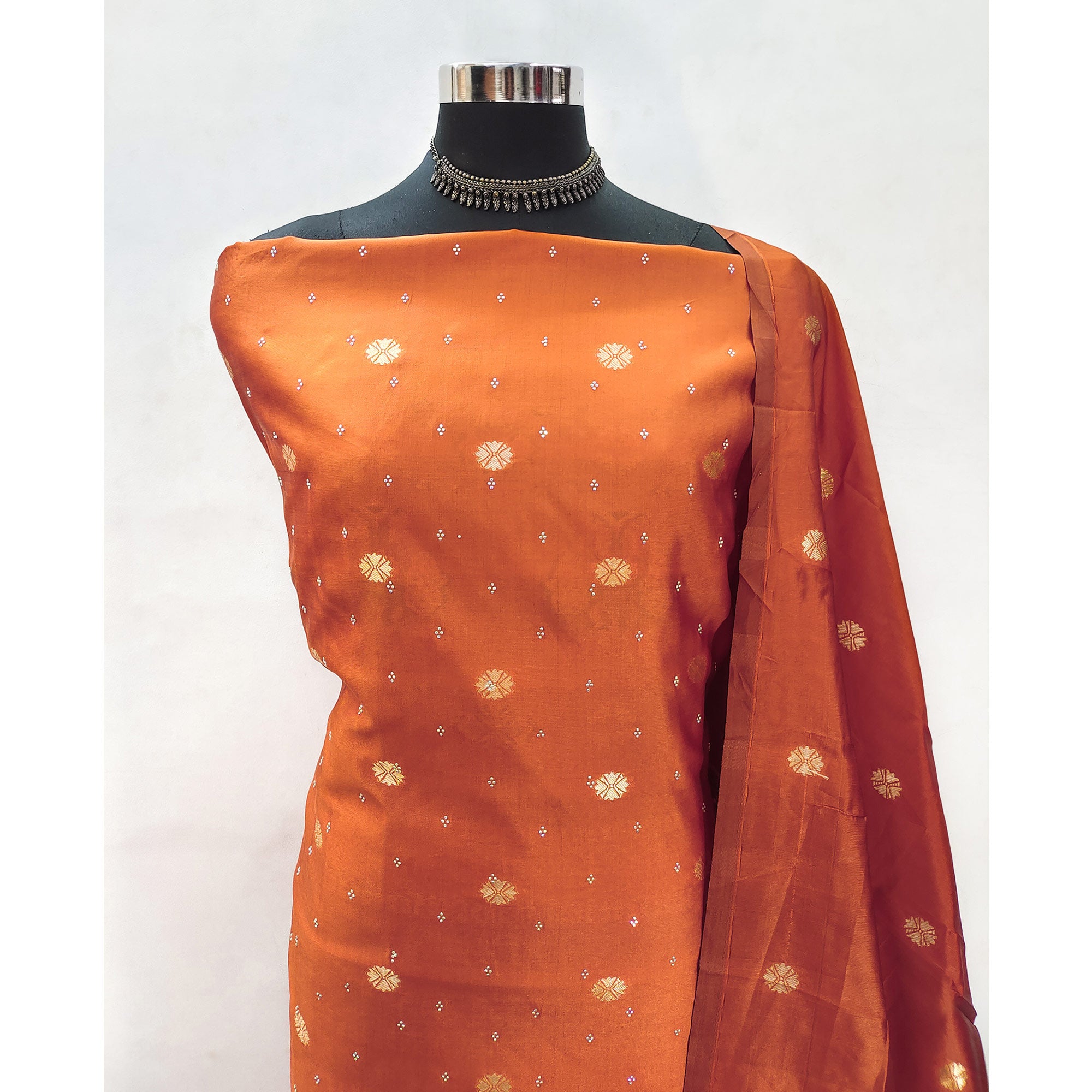 Orange Floral Woven With Swarovski Work Banarasi Silk Dress Material