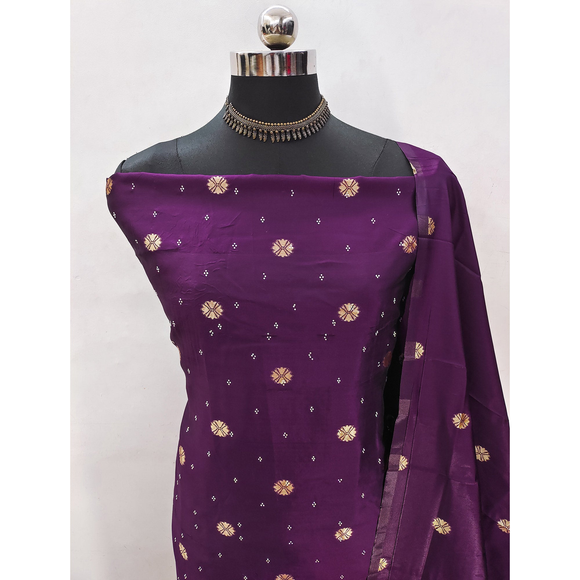 Purple Floral Woven With Swarovski Work Banarasi Silk Dress Material