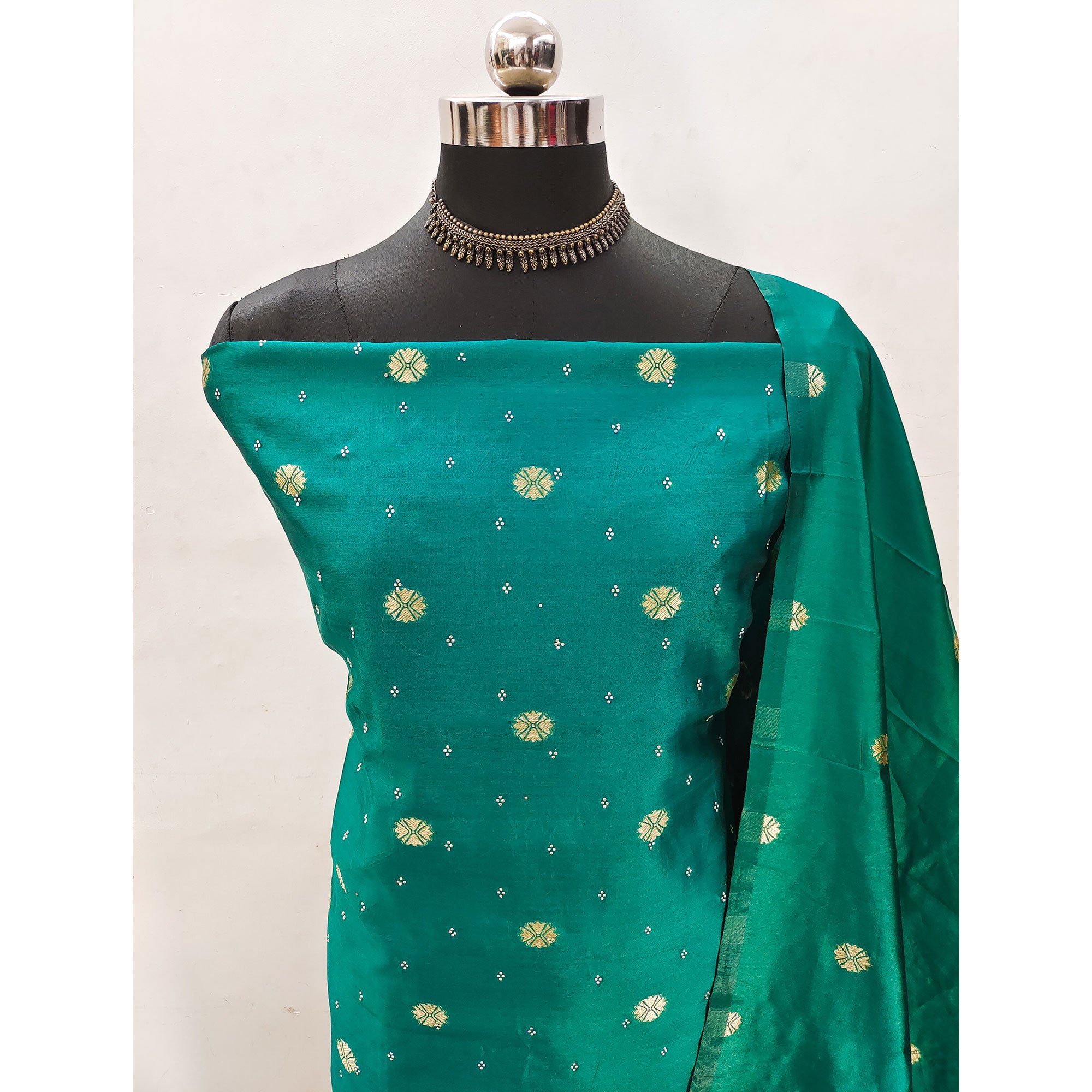 Rama Green Floral Woven With Swarovski Work Banarasi Silk Dress Material